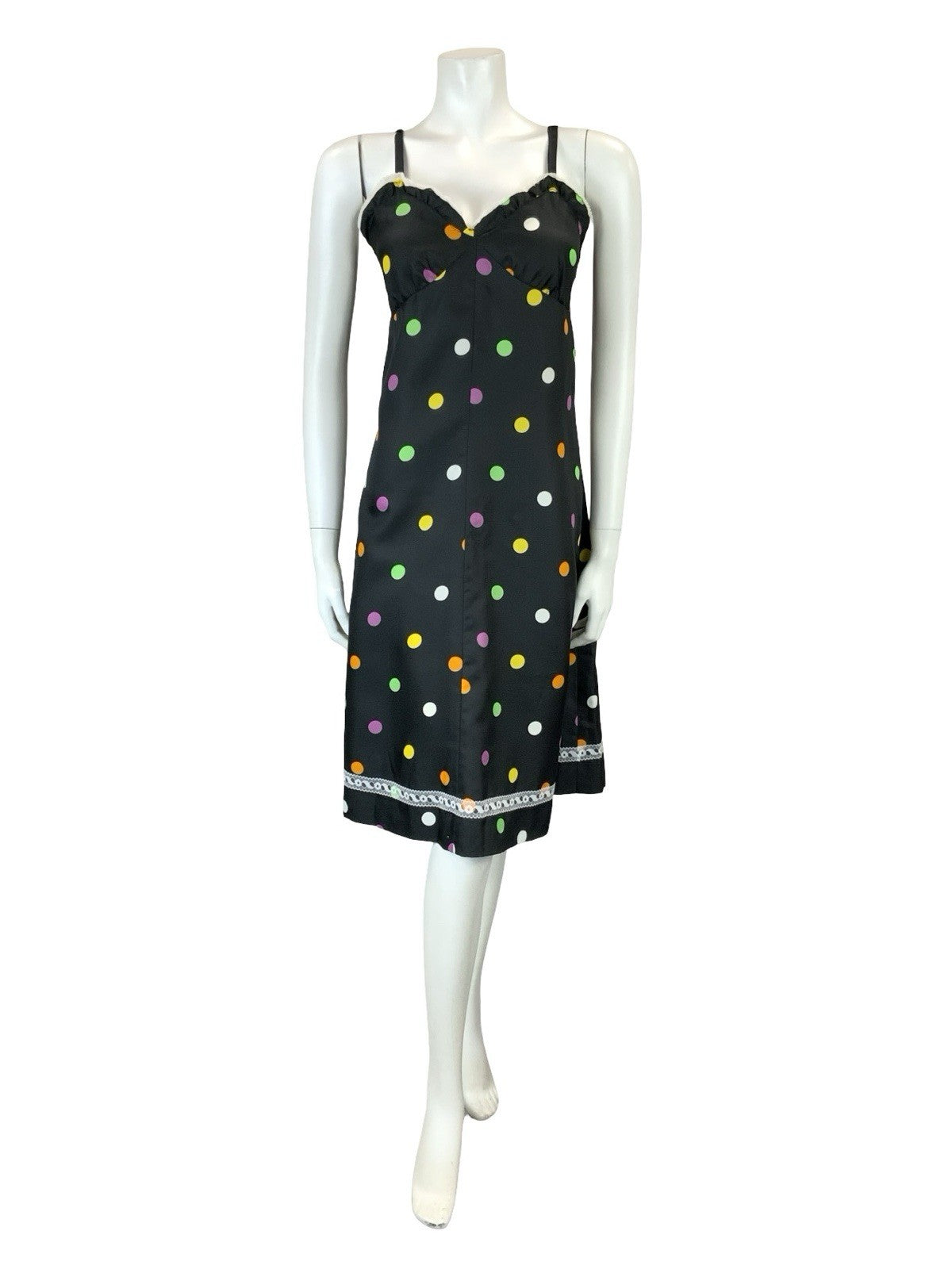 VTG 60S 70S BLACK PINK GREEN YELLOW WHITE POLKA DOT LACE STRAPPY MIDI DRESS 8 10