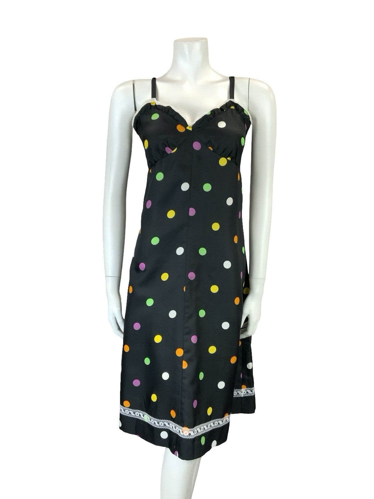 VTG 60S 70S BLACK PINK GREEN YELLOW WHITE POLKA DOT LACE STRAPPY MIDI DRESS 8 10