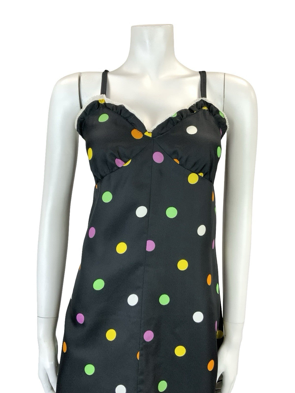 VTG 60S 70S BLACK PINK GREEN YELLOW WHITE POLKA DOT LACE STRAPPY MIDI DRESS 8 10