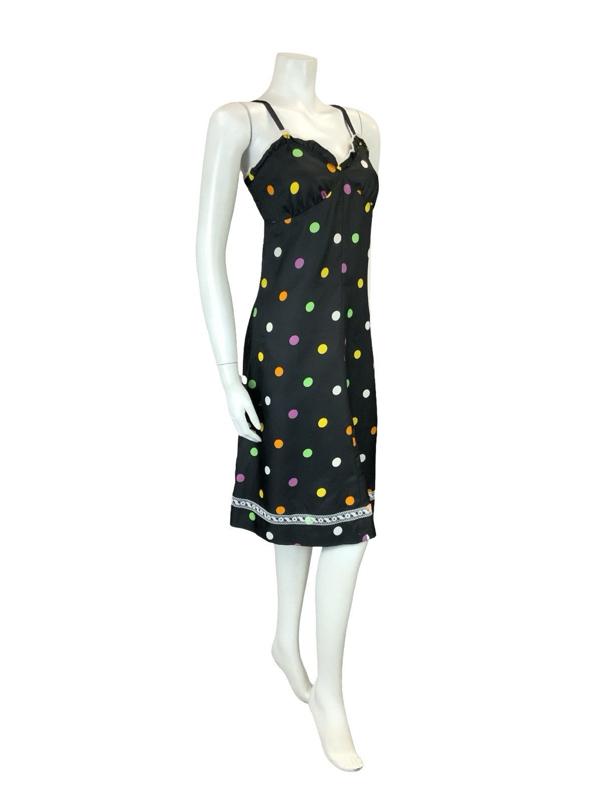 VTG 60S 70S BLACK PINK GREEN YELLOW WHITE POLKA DOT LACE STRAPPY MIDI DRESS 8 10