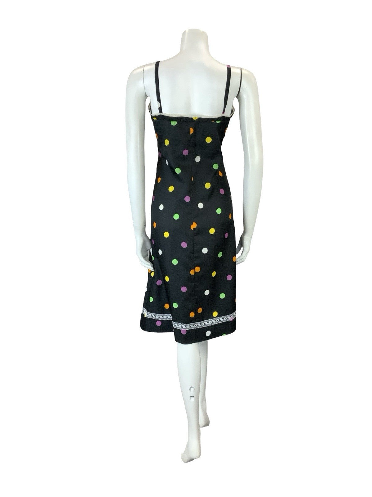 VTG 60S 70S BLACK PINK GREEN YELLOW WHITE POLKA DOT LACE STRAPPY MIDI DRESS 8 10