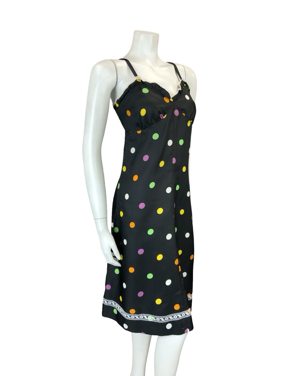 VTG 60S 70S BLACK PINK GREEN YELLOW WHITE POLKA DOT LACE STRAPPY MIDI DRESS 8 10