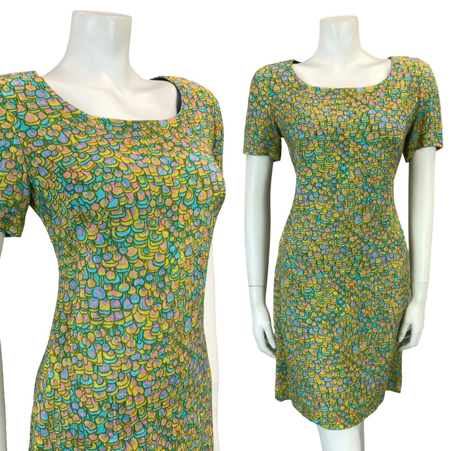 VTG 60S BLUE PINK YELLOW PSYCHEDELIC SCALES DOTTY SCOOP NECK MOD MINI DRESS 8