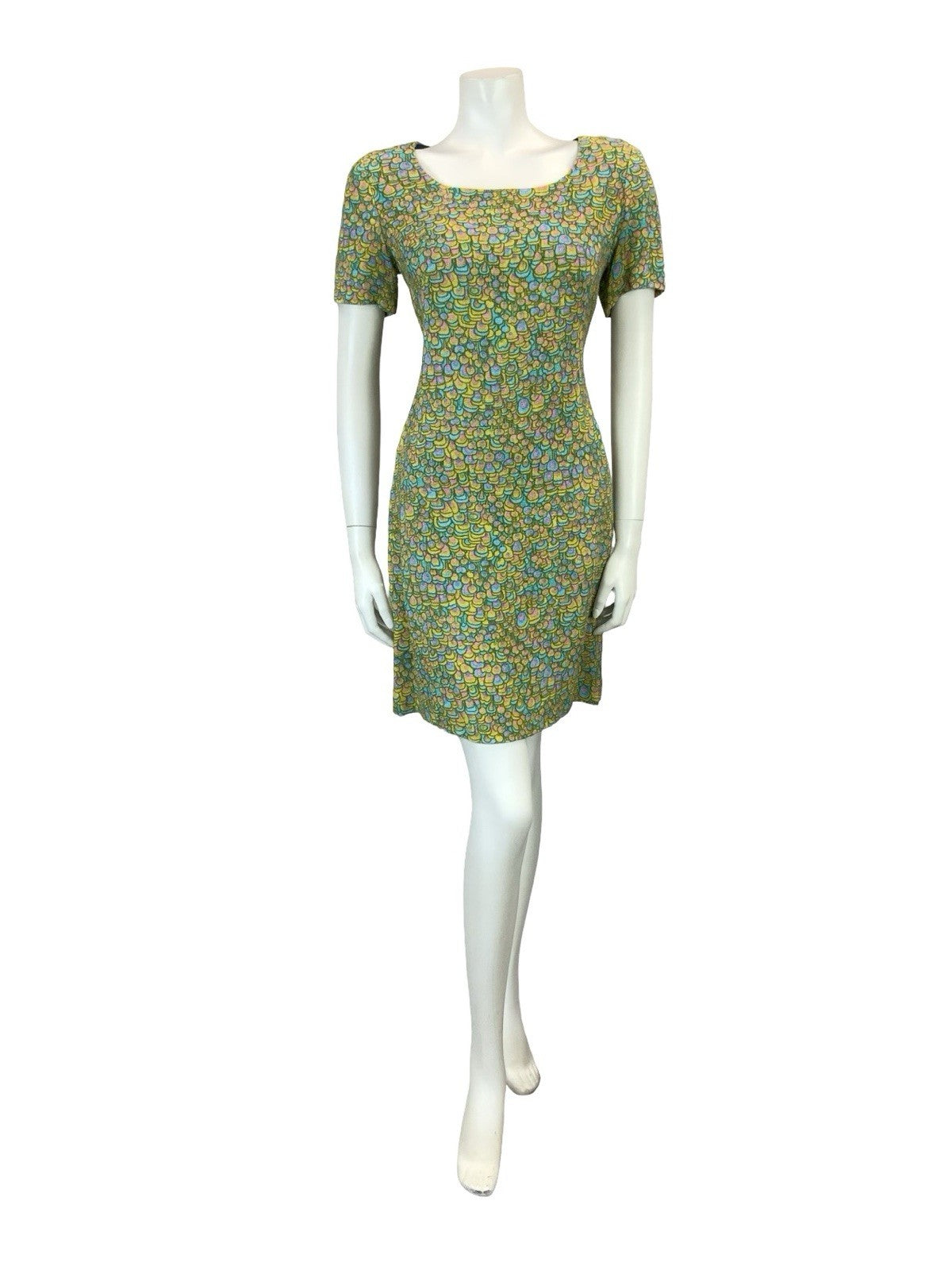 VTG 60S BLUE PINK YELLOW PSYCHEDELIC SCALES DOTTY SCOOP NECK MOD MINI DRESS 8