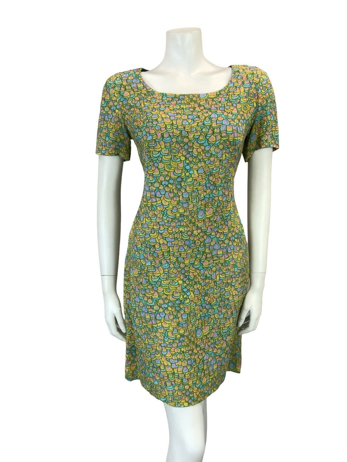 VTG 60S BLUE PINK YELLOW PSYCHEDELIC SCALES DOTTY SCOOP NECK MOD MINI DRESS 8
