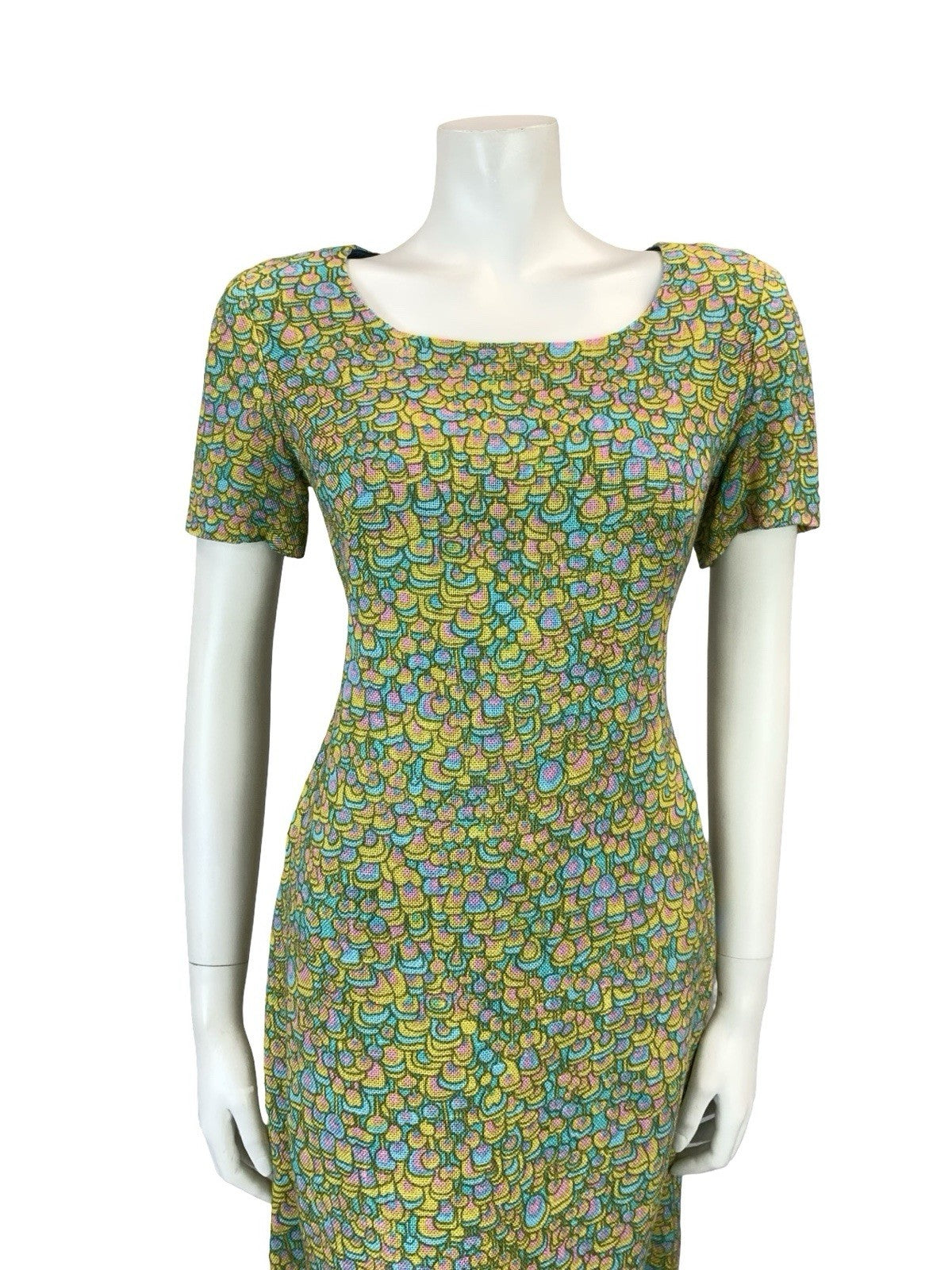 VTG 60S BLUE PINK YELLOW PSYCHEDELIC SCALES DOTTY SCOOP NECK MOD MINI DRESS 8