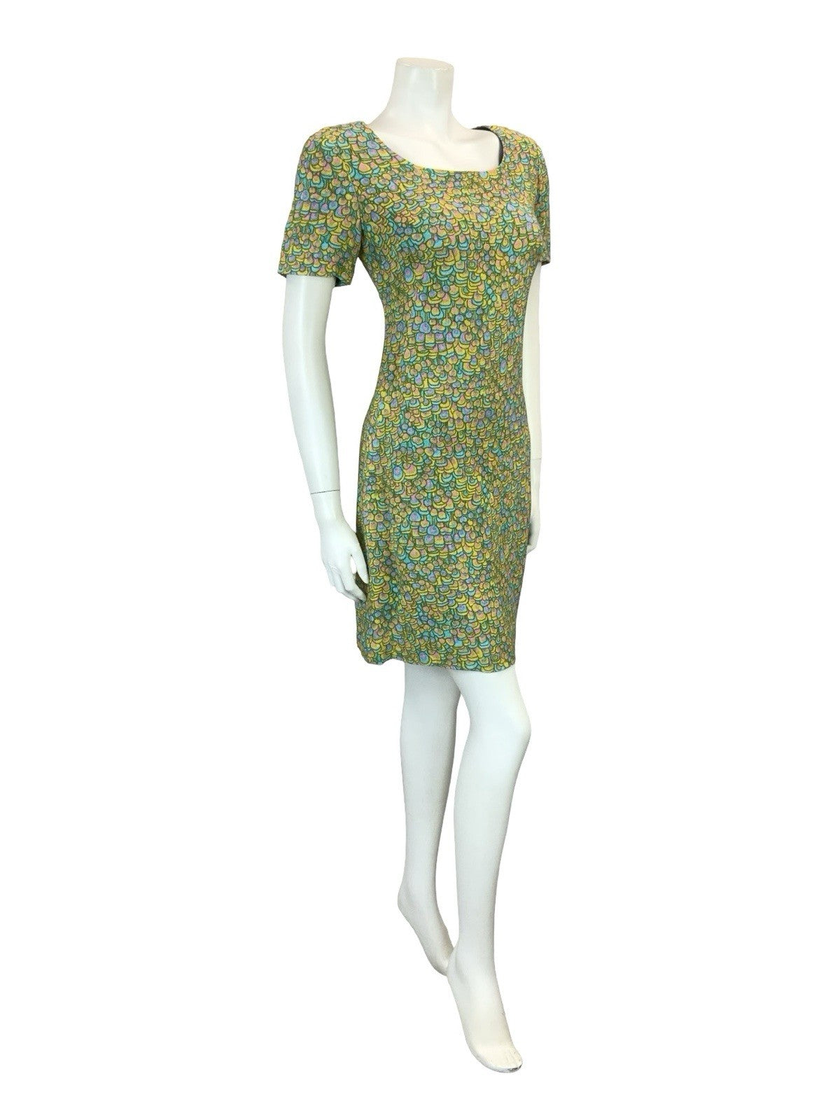 VTG 60S BLUE PINK YELLOW PSYCHEDELIC SCALES DOTTY SCOOP NECK MOD MINI DRESS 8