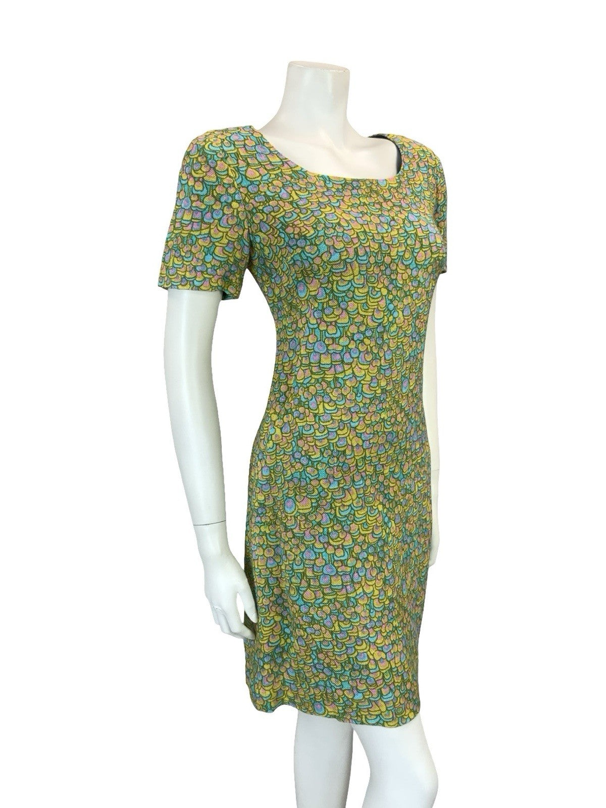 VTG 60S BLUE PINK YELLOW PSYCHEDELIC SCALES DOTTY SCOOP NECK MOD MINI DRESS 8