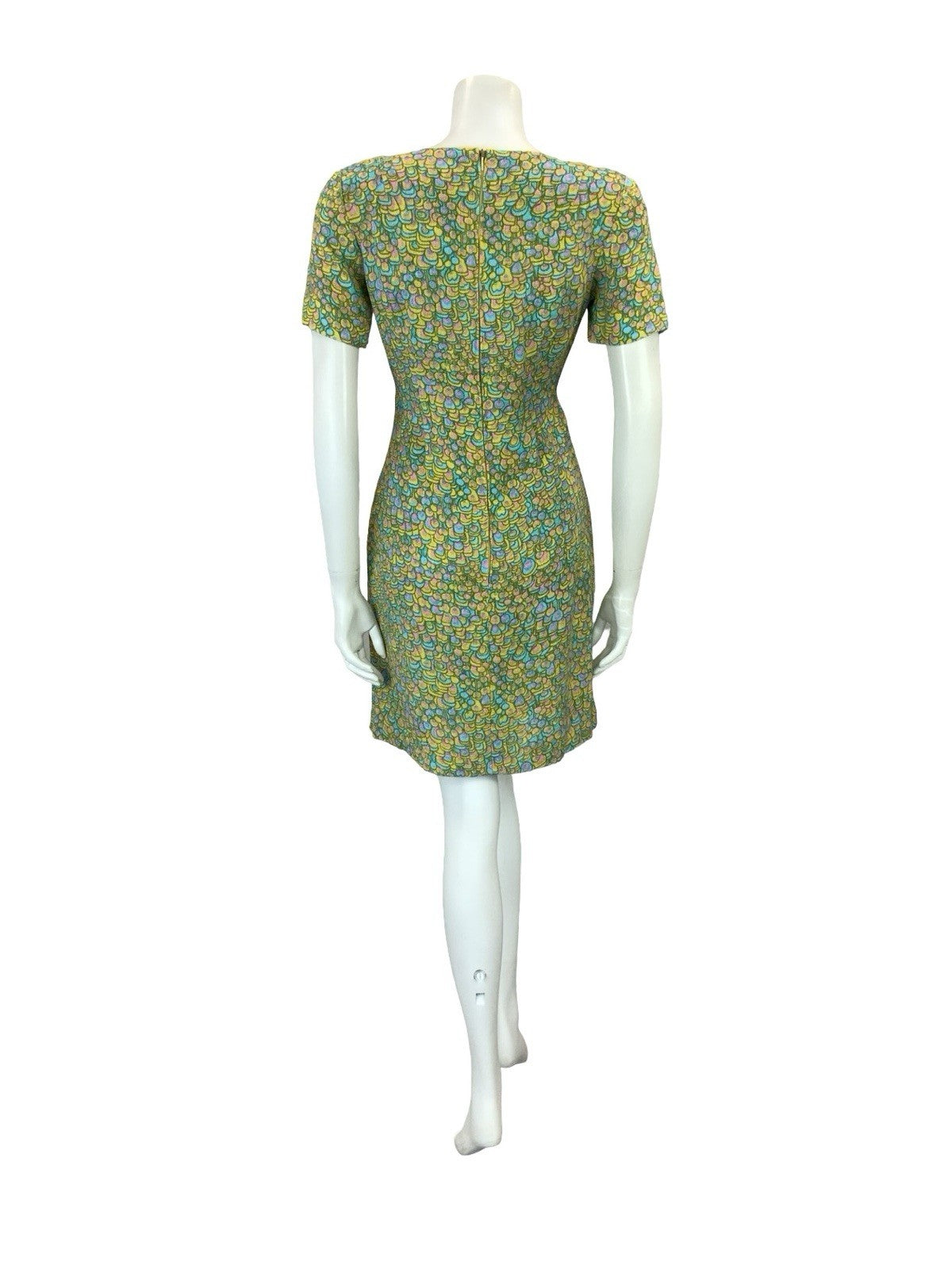 VTG 60S BLUE PINK YELLOW PSYCHEDELIC SCALES DOTTY SCOOP NECK MOD MINI DRESS 8
