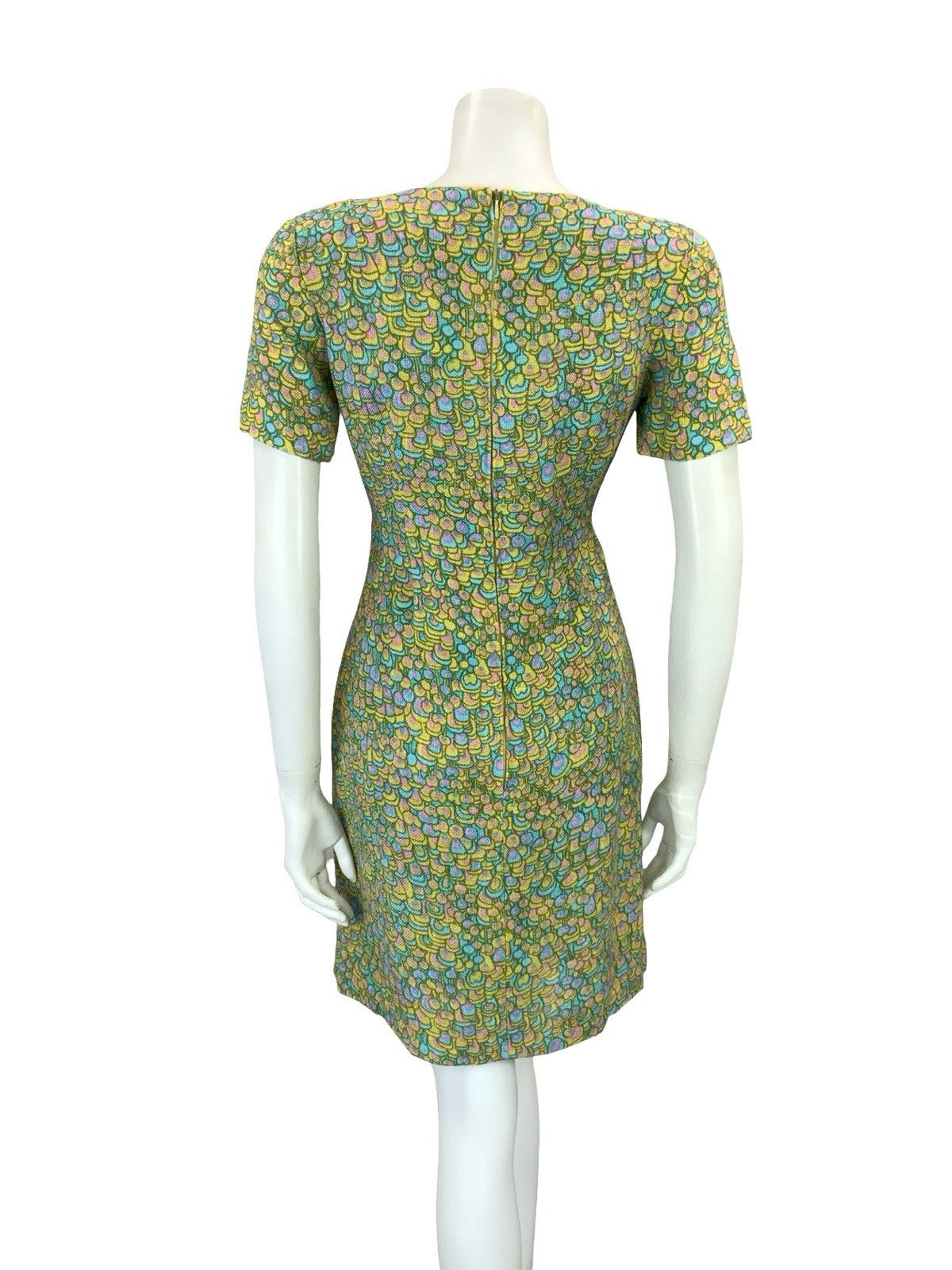 VTG 60S BLUE PINK YELLOW PSYCHEDELIC SCALES DOTTY SCOOP NECK MOD MINI DRESS 8