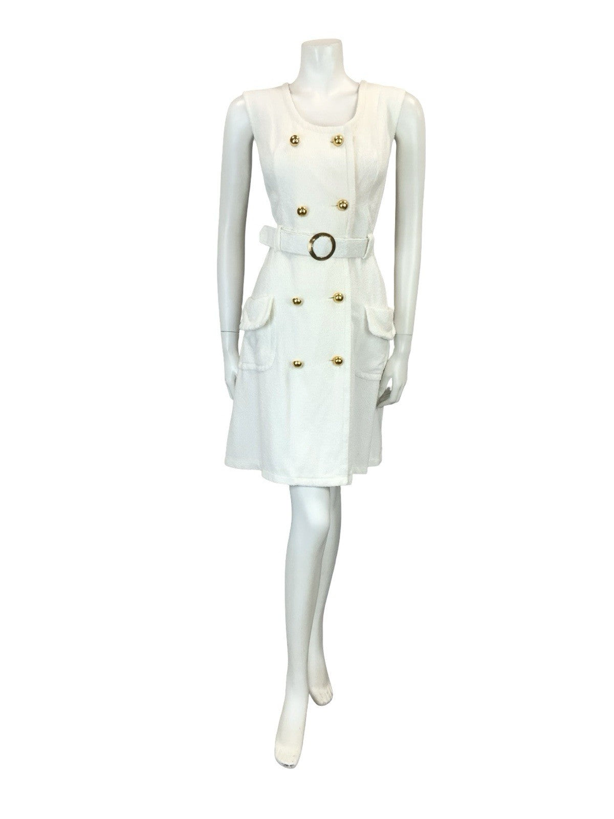 VTG 60S WHITE GOLD DOUBLE BREAST MOD GOGO TOWELLING BELTED DRESS 12