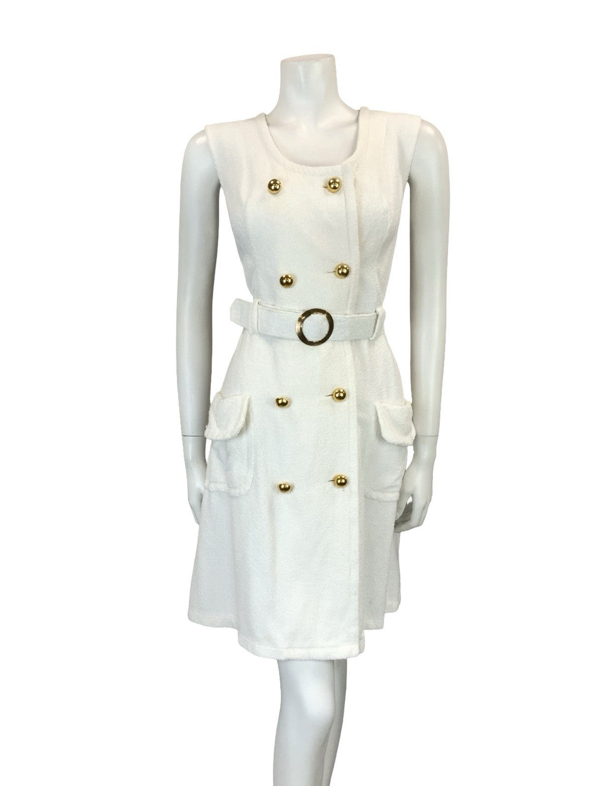 VTG 60S WHITE GOLD DOUBLE BREAST MOD GOGO TOWELLING BELTED DRESS 12