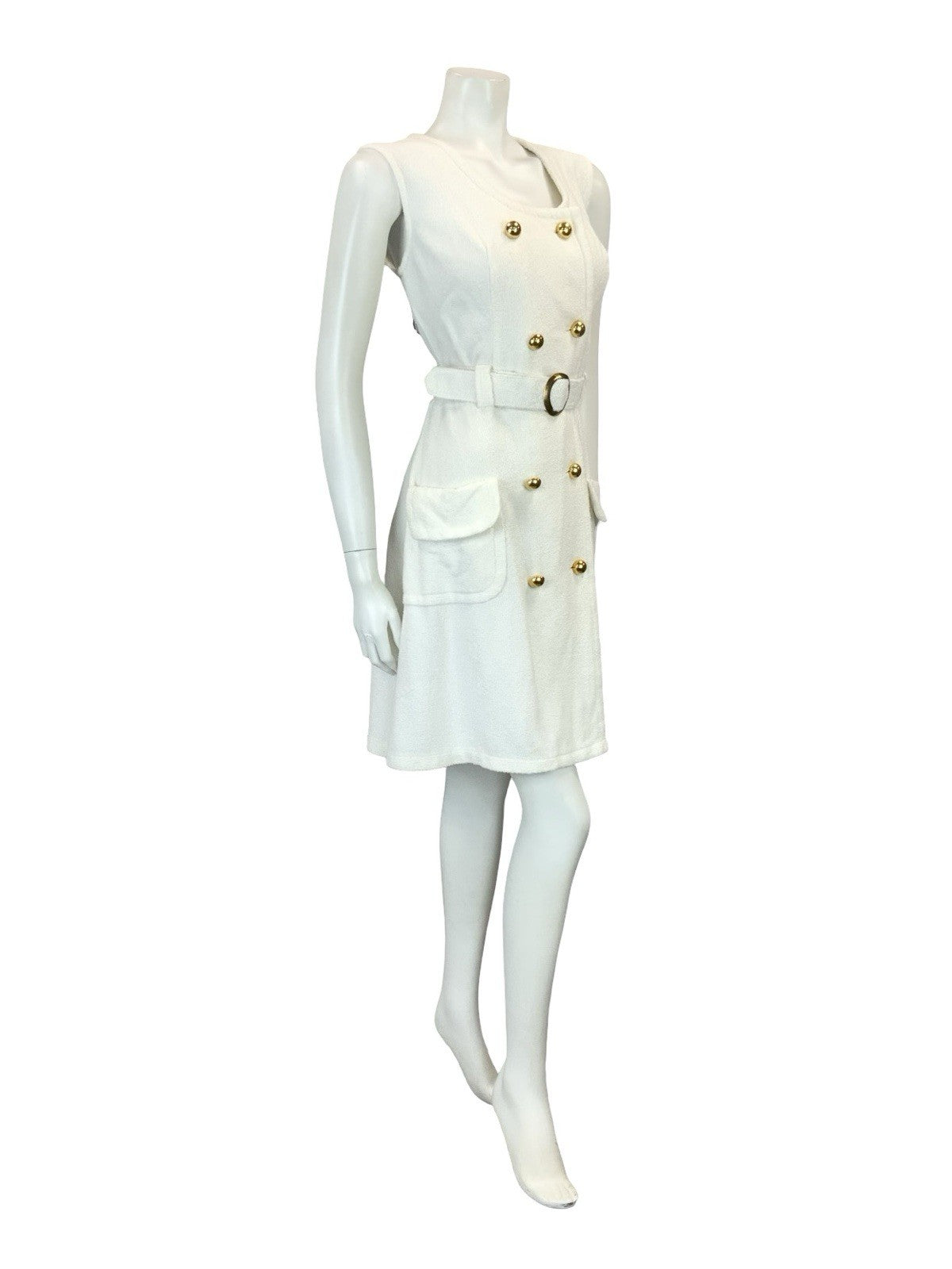 VTG 60S WHITE GOLD DOUBLE BREAST MOD GOGO TOWELLING BELTED DRESS 12