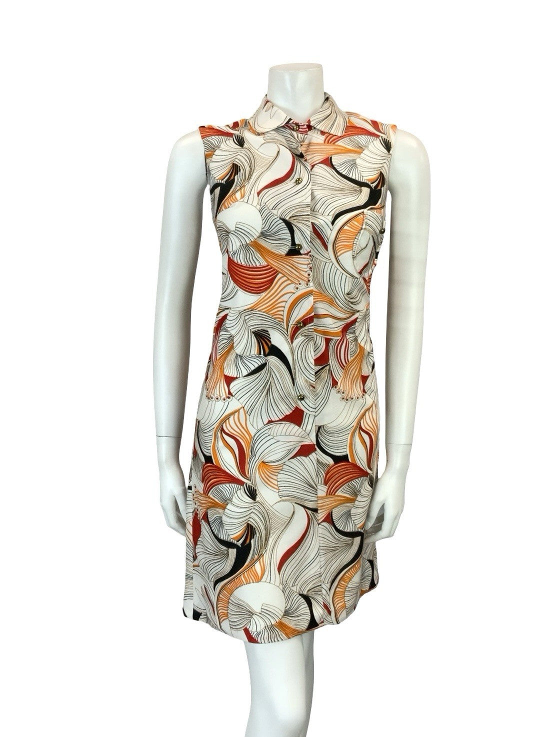 VTG 60S 70S WHITE ORANGE RED BLACK PSYCHEDELIC LINES STRIPE SHIRT DRESS 8 10 S