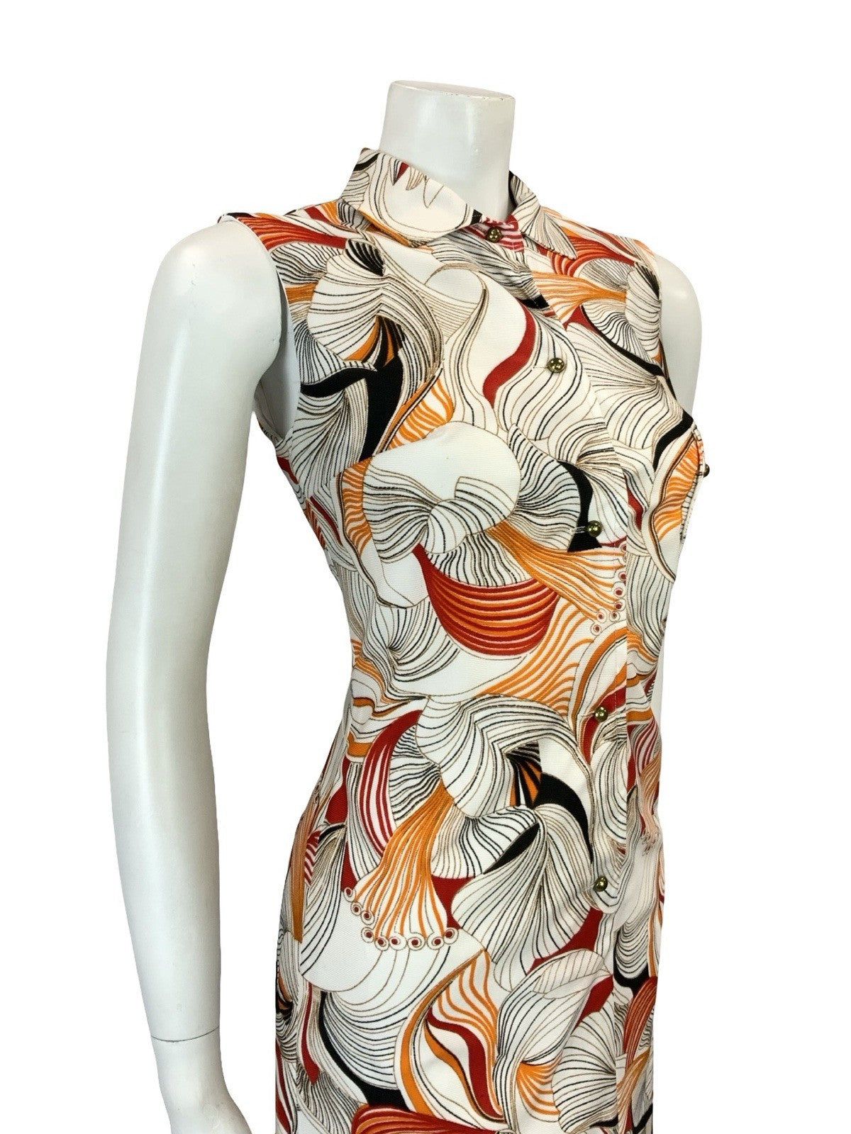 VTG 60S 70S WHITE ORANGE RED BLACK PSYCHEDELIC LINES STRIPE SHIRT DRESS 8 10 S