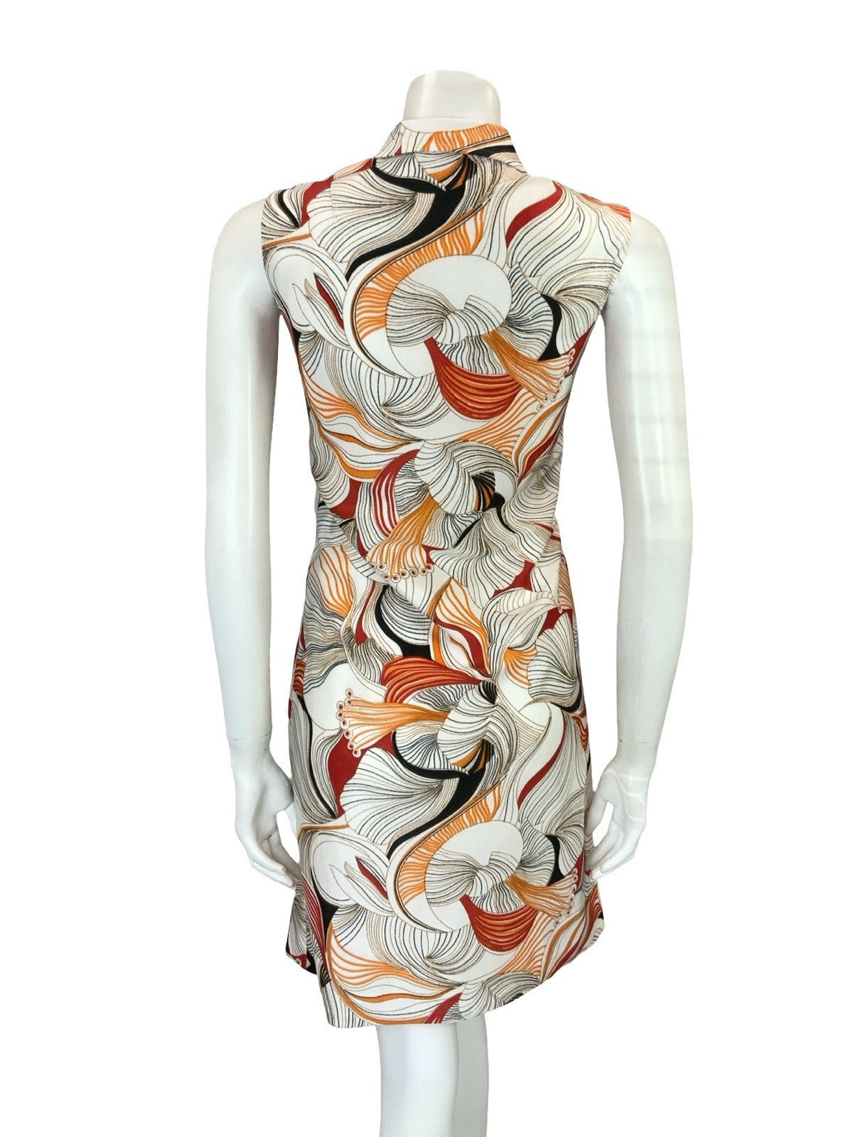 VTG 60S 70S WHITE ORANGE RED BLACK PSYCHEDELIC LINES STRIPE SHIRT DRESS 8 10 S