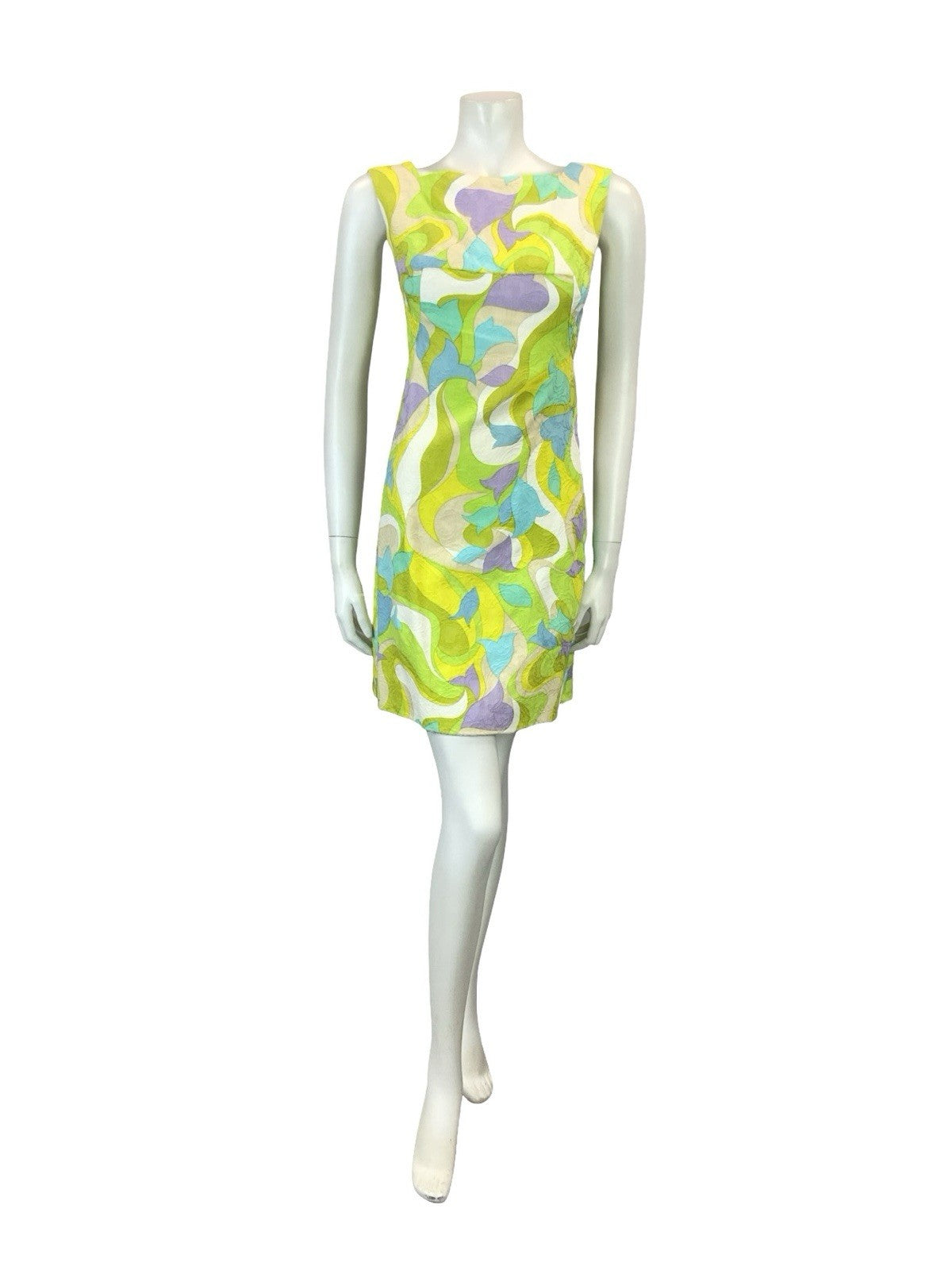 VTG 60S GREEN PURPLE BLUE WHITE PSYCHEDELIC MOD EMPIRE GOGO WIGGLE DRESS XS 6