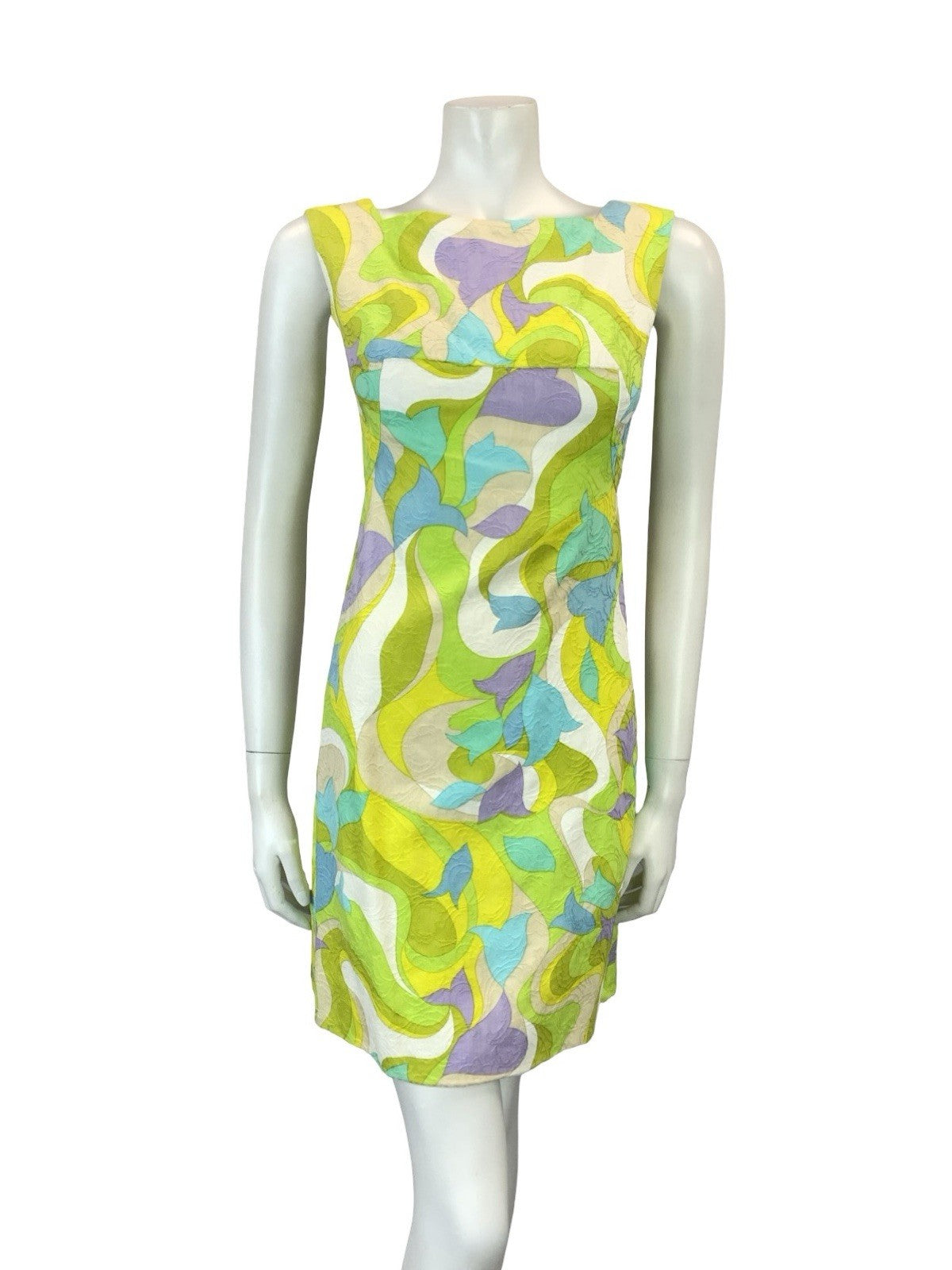 VTG 60S GREEN PURPLE BLUE WHITE PSYCHEDELIC MOD EMPIRE GOGO WIGGLE DRESS XS 6