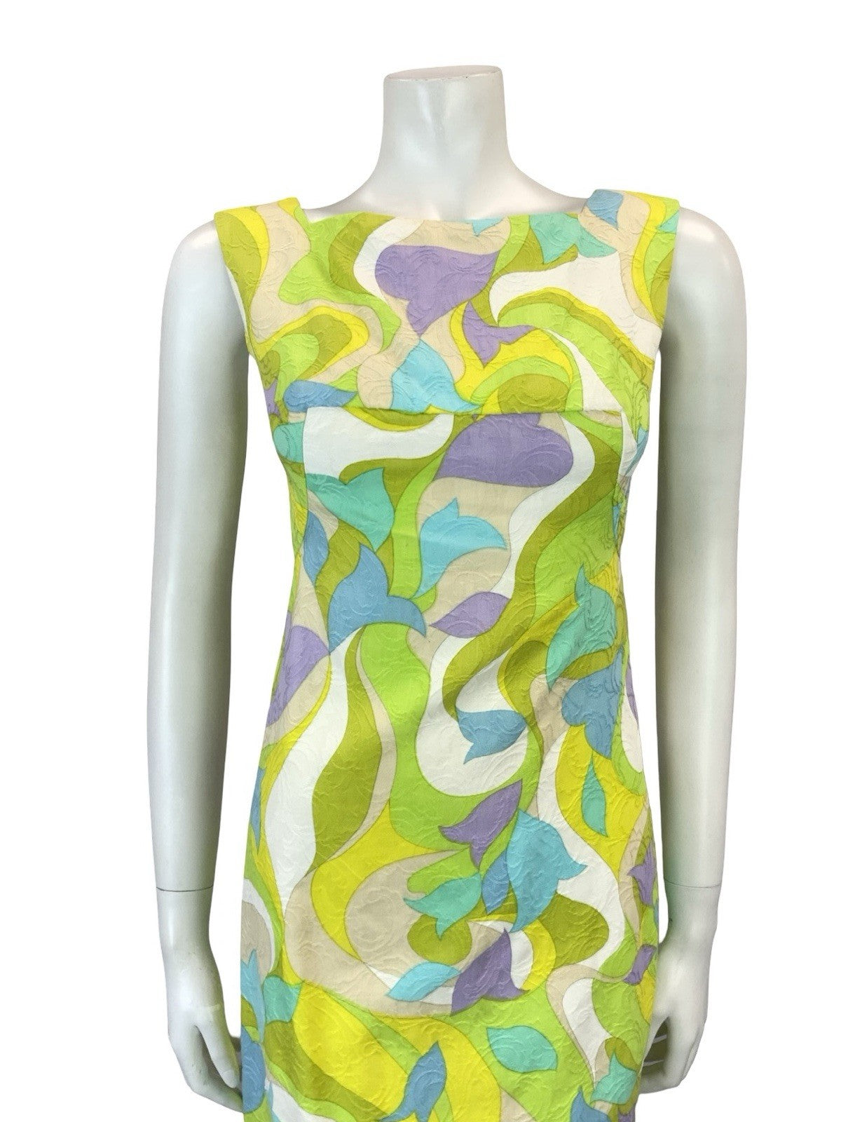 VTG 60S GREEN PURPLE BLUE WHITE PSYCHEDELIC MOD EMPIRE GOGO WIGGLE DRESS XS 6