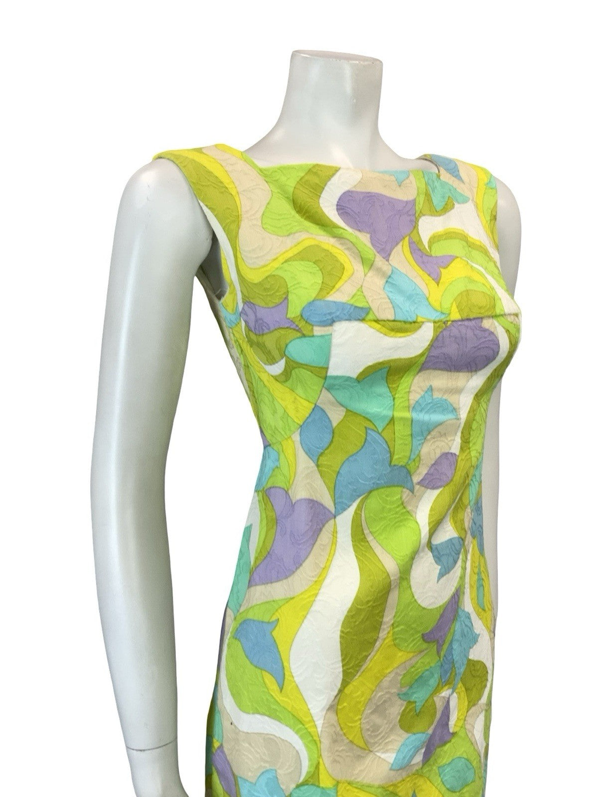 VTG 60S GREEN PURPLE BLUE WHITE PSYCHEDELIC MOD EMPIRE GOGO WIGGLE DRESS XS 6