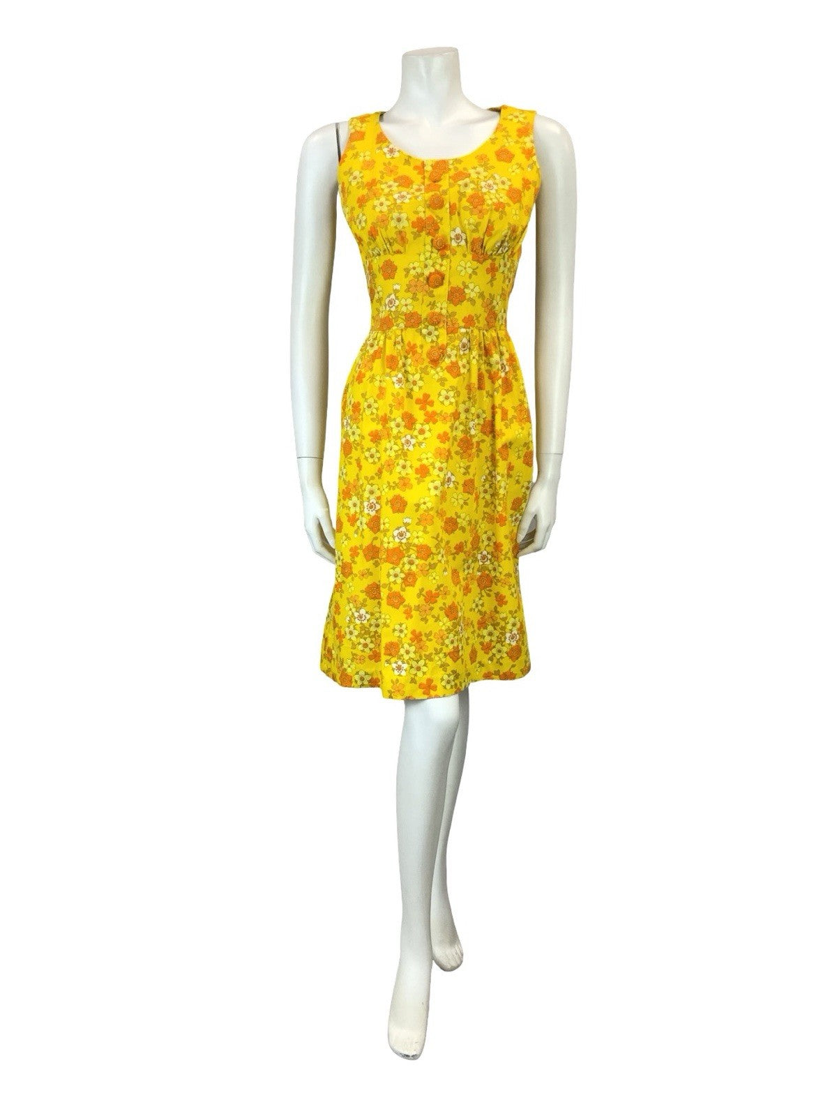 VTG 60S 70S YELLOW ORANGE WHITE RETRO FLORAL MOD SCOOP NECK MINI DRESS XS 6
