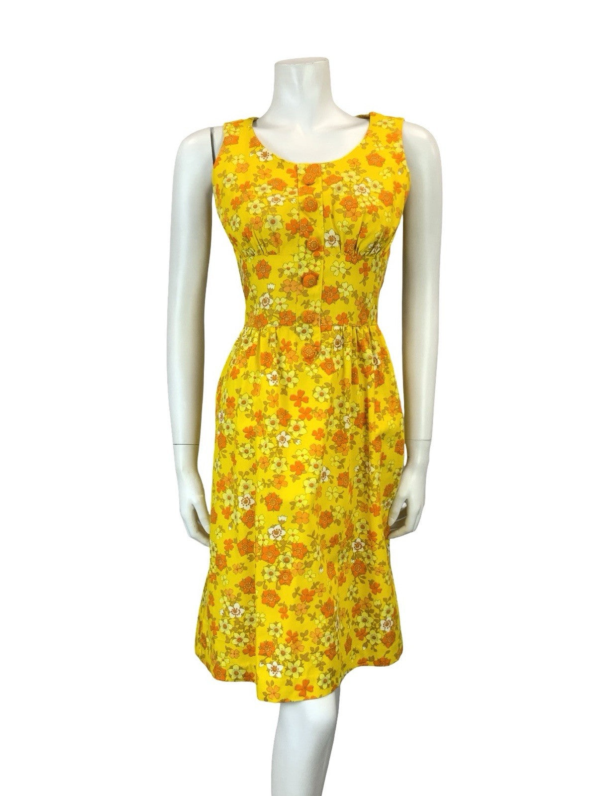 VTG 60S 70S YELLOW ORANGE WHITE RETRO FLORAL MOD SCOOP NECK MINI DRESS XS 6