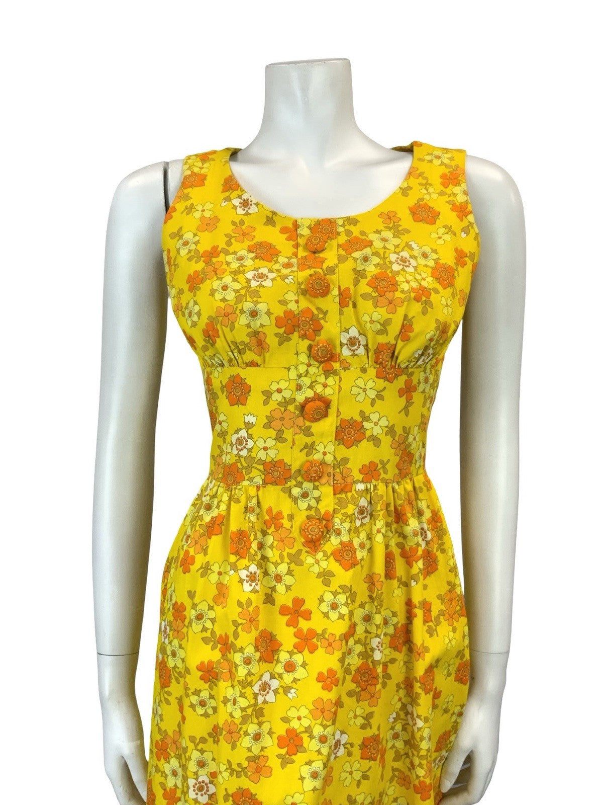 VTG 60S 70S YELLOW ORANGE WHITE RETRO FLORAL MOD SCOOP NECK MINI DRESS XS 6