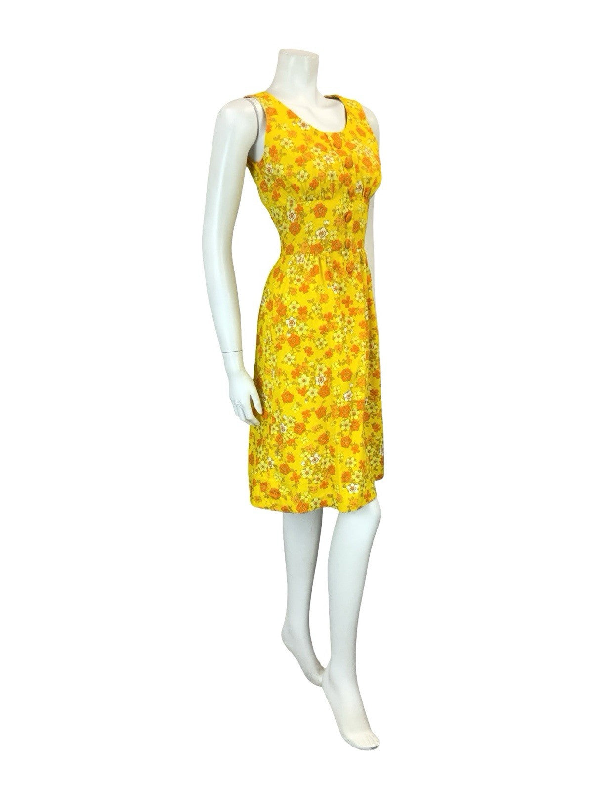 VTG 60S 70S YELLOW ORANGE WHITE RETRO FLORAL MOD SCOOP NECK MINI DRESS XS 6