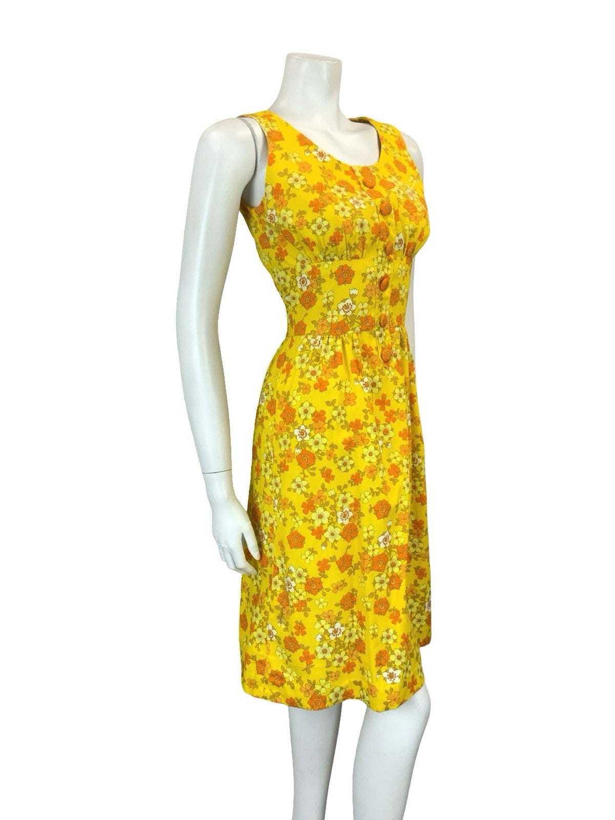 VTG 60S 70S YELLOW ORANGE WHITE RETRO FLORAL MOD SCOOP NECK MINI DRESS XS 6