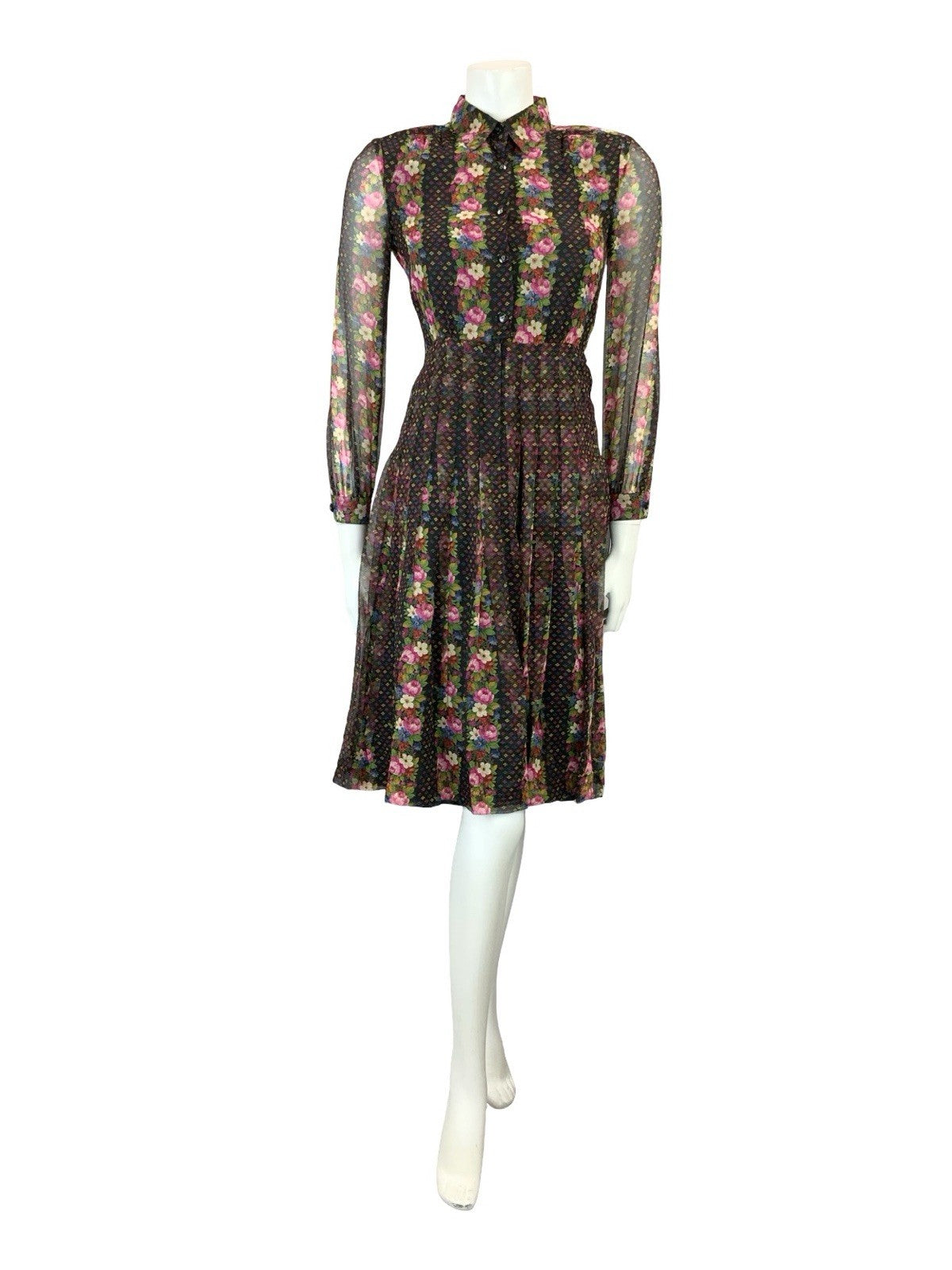 VTG 90s does 70S BLACK PINK BLUE GREEN FLORAL STRIPE PLEATED BOHO SHIRT DRESS 4