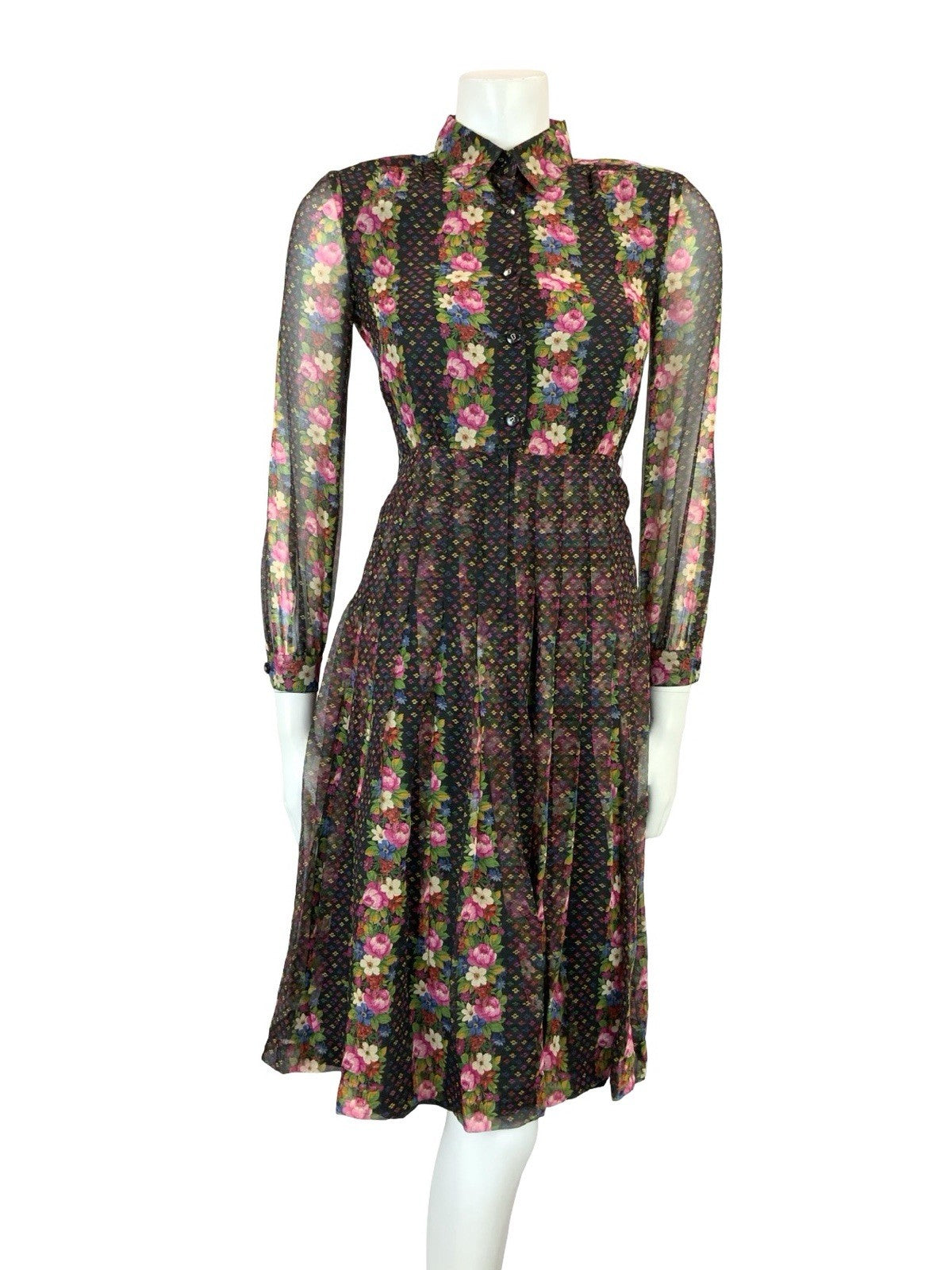 VTG 90s does 70S BLACK PINK BLUE GREEN FLORAL STRIPE PLEATED BOHO SHIRT DRESS 4