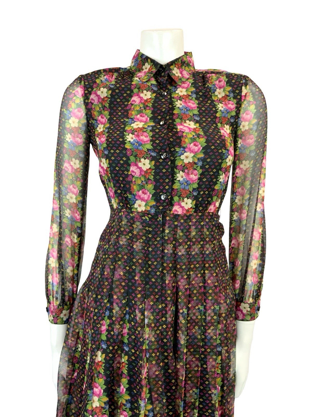 VTG 90s does 70S BLACK PINK BLUE GREEN FLORAL STRIPE PLEATED BOHO SHIRT DRESS 4