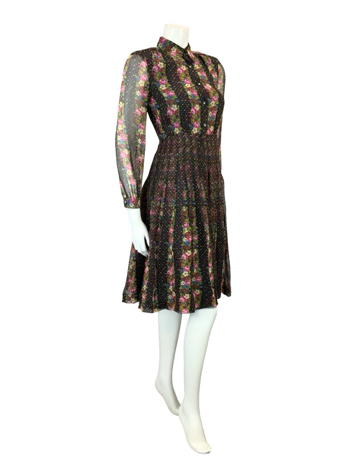 VTG 90s does 70S BLACK PINK BLUE GREEN FLORAL STRIPE PLEATED BOHO SHIRT DRESS 4