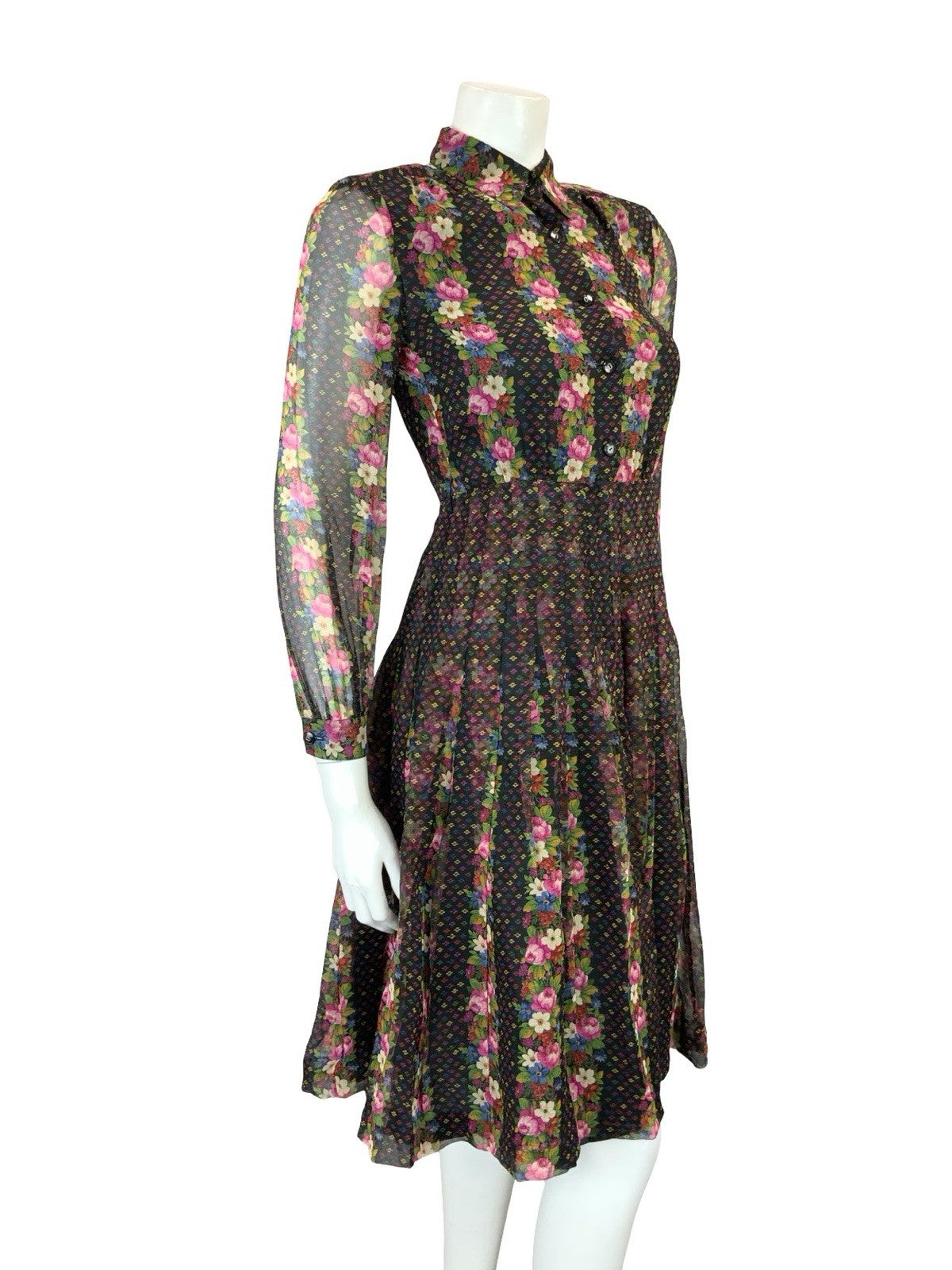 VTG 90s does 70S BLACK PINK BLUE GREEN FLORAL STRIPE PLEATED BOHO SHIRT DRESS 4