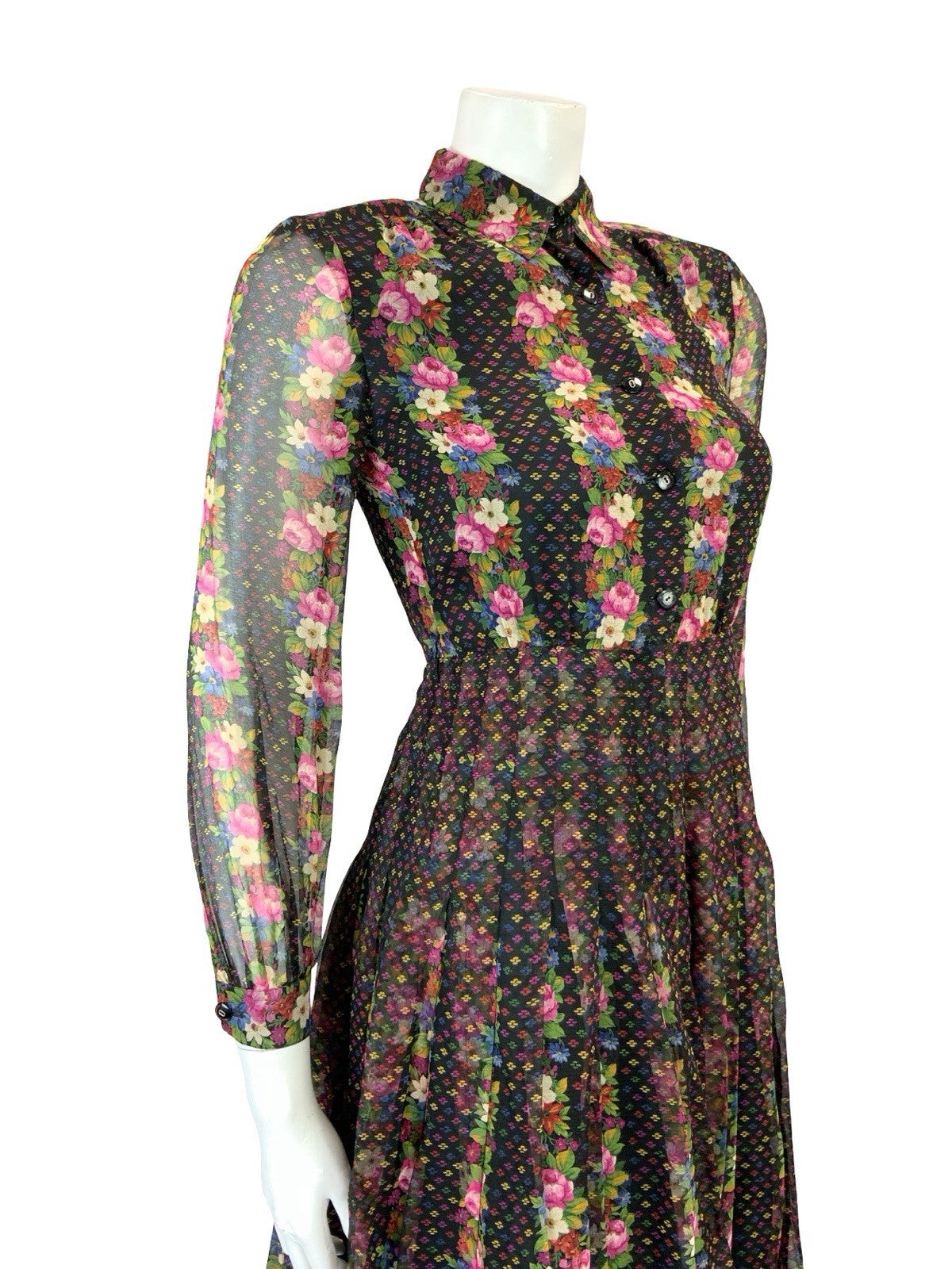 VTG 90s does 70S BLACK PINK BLUE GREEN FLORAL STRIPE PLEATED BOHO SHIRT DRESS 4