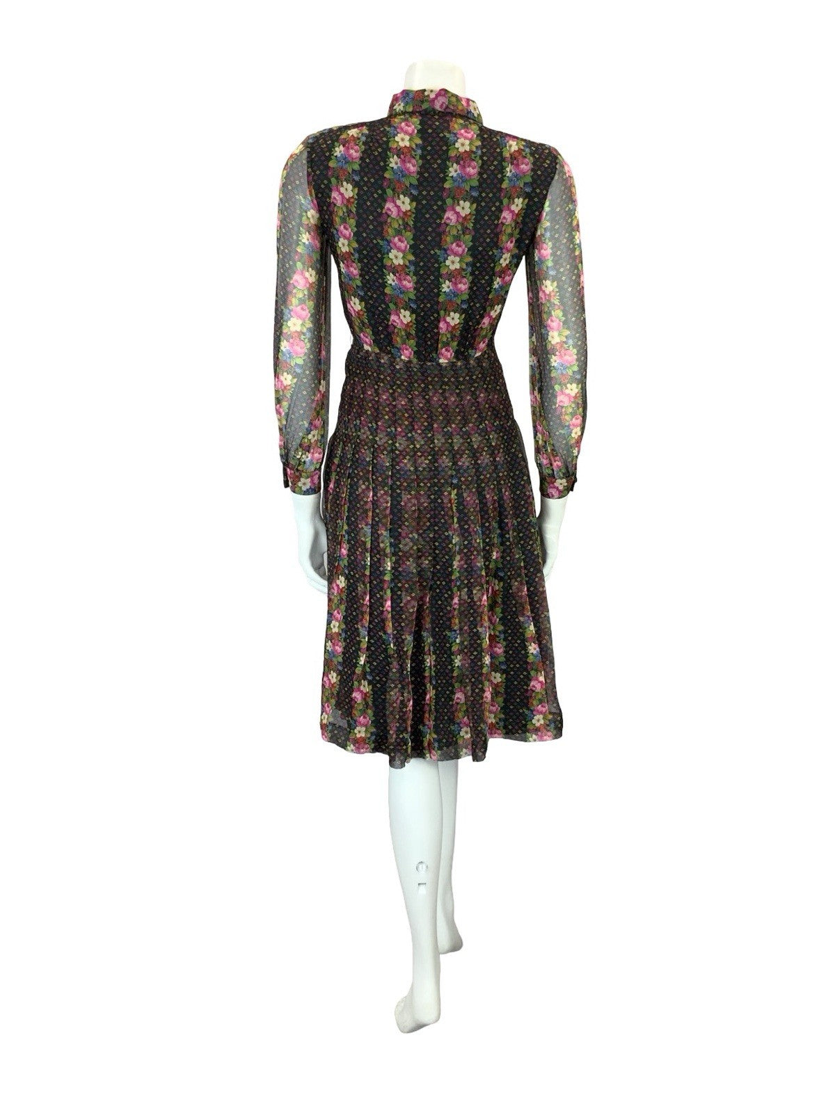 VTG 90s does 70S BLACK PINK BLUE GREEN FLORAL STRIPE PLEATED BOHO SHIRT DRESS 4