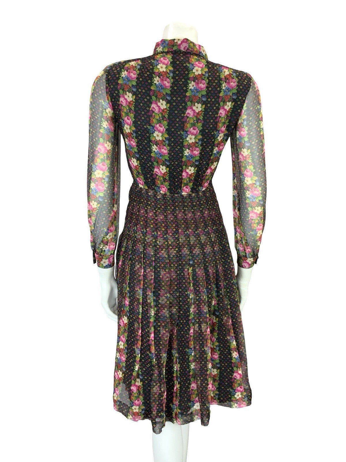 VTG 90s does 70S BLACK PINK BLUE GREEN FLORAL STRIPE PLEATED BOHO SHIRT DRESS 4