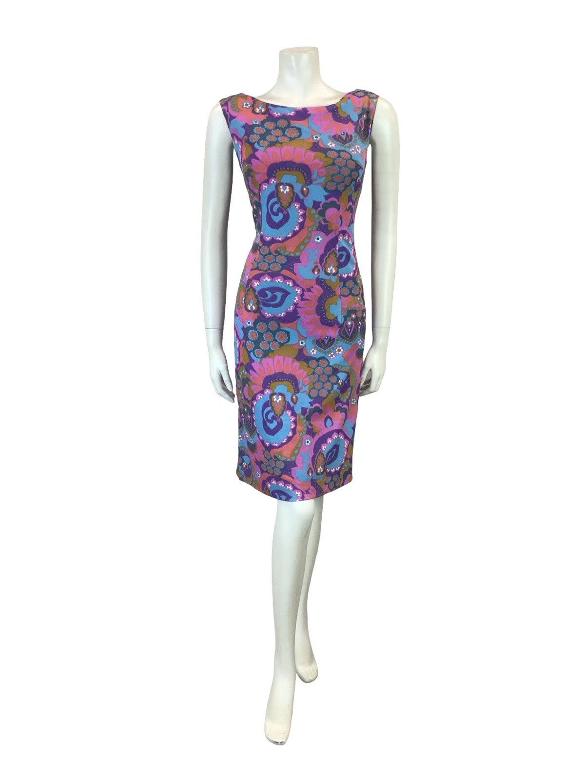 VTG 60S PURPLE PINK BLUE BROWN PSYCHEDELIC FLORAL BOAT NECK PENCIL DRESS 8