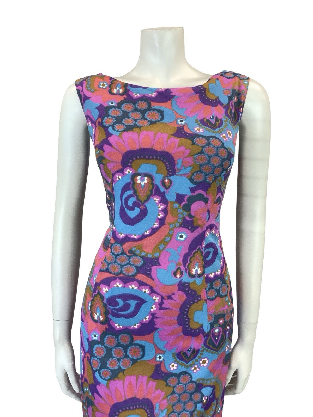 VTG 60S PURPLE PINK BLUE BROWN PSYCHEDELIC FLORAL BOAT NECK PENCIL DRESS 8