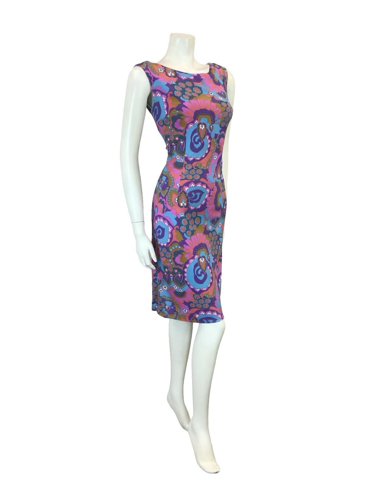 VTG 60S PURPLE PINK BLUE BROWN PSYCHEDELIC FLORAL BOAT NECK PENCIL DRESS 8