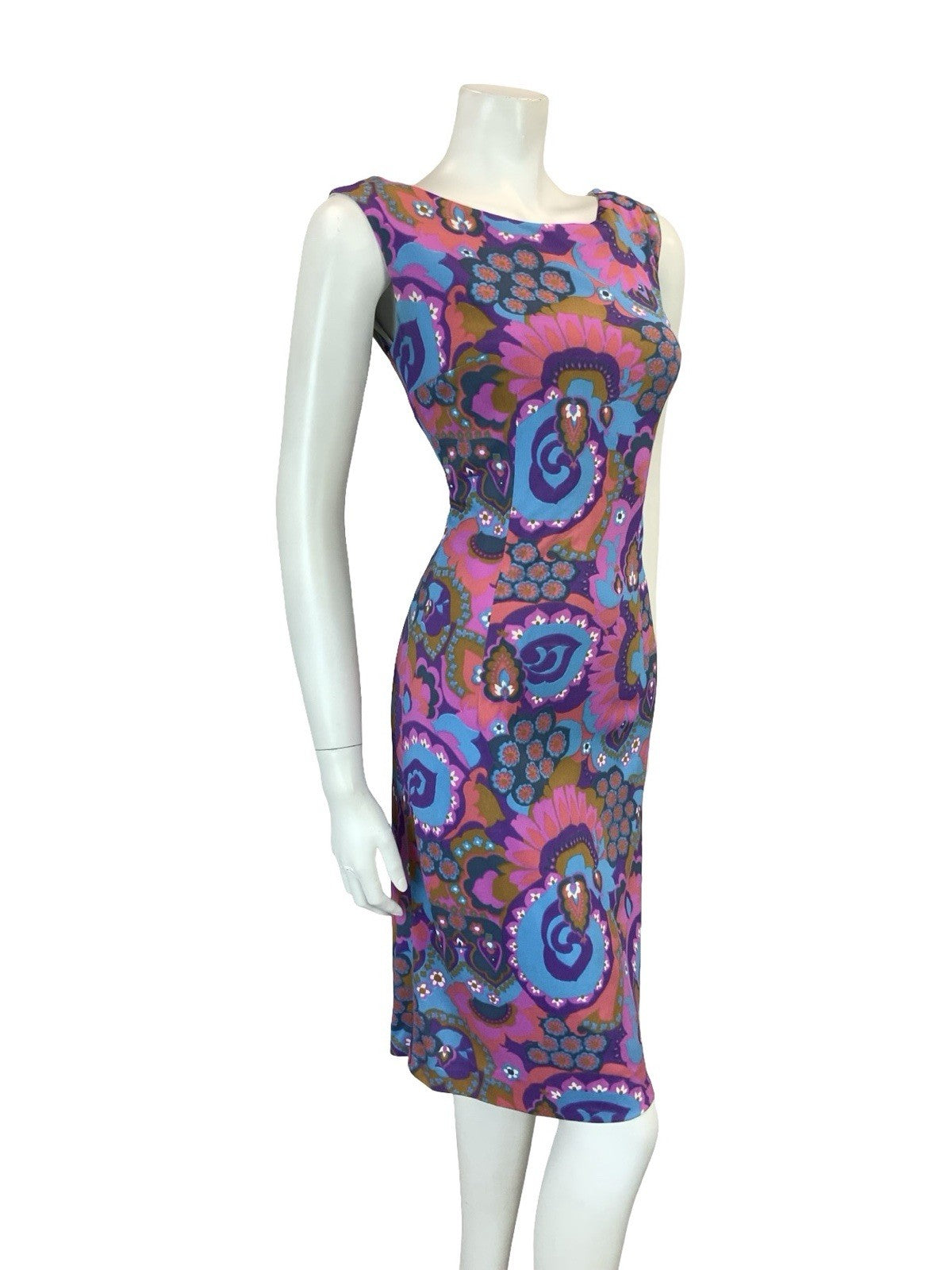 VTG 60S PURPLE PINK BLUE BROWN PSYCHEDELIC FLORAL BOAT NECK PENCIL DRESS 8