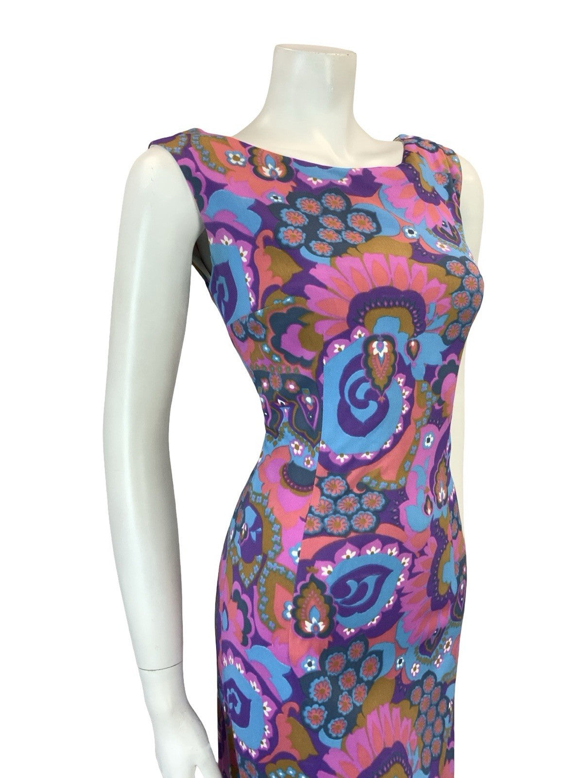 VTG 60S PURPLE PINK BLUE BROWN PSYCHEDELIC FLORAL BOAT NECK PENCIL DRESS 8