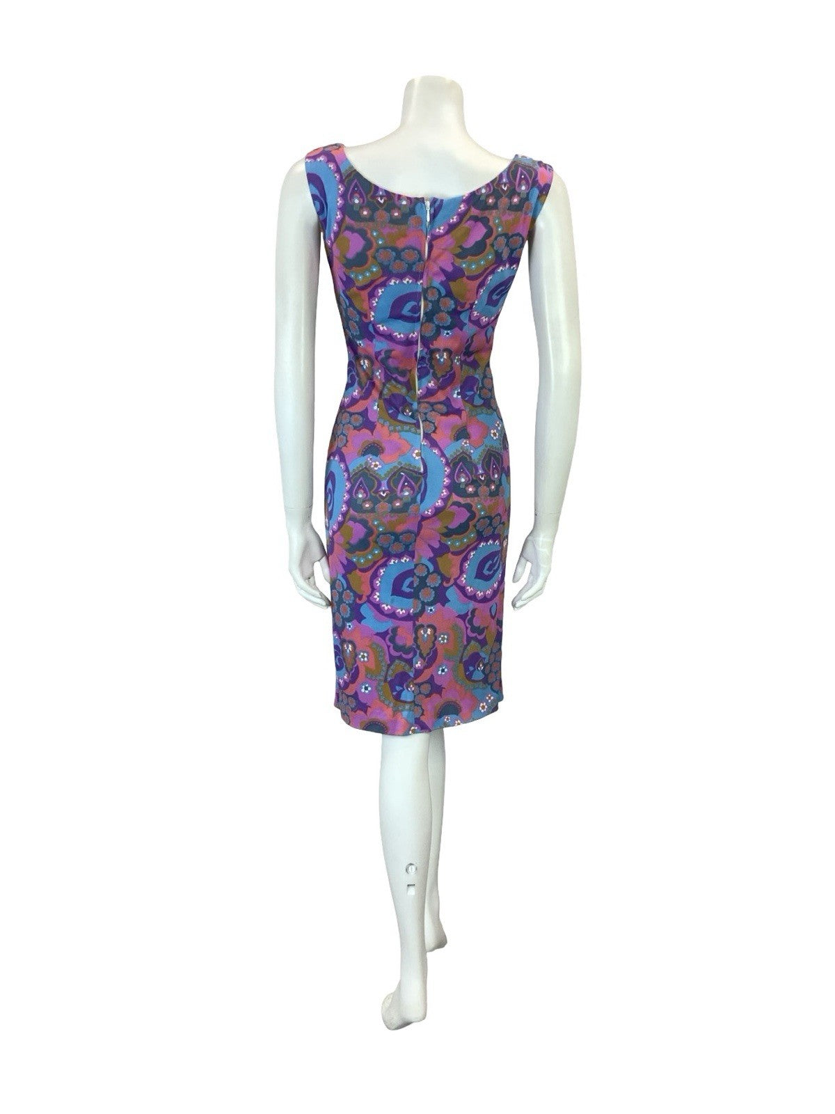 VTG 60S PURPLE PINK BLUE BROWN PSYCHEDELIC FLORAL BOAT NECK PENCIL DRESS 8