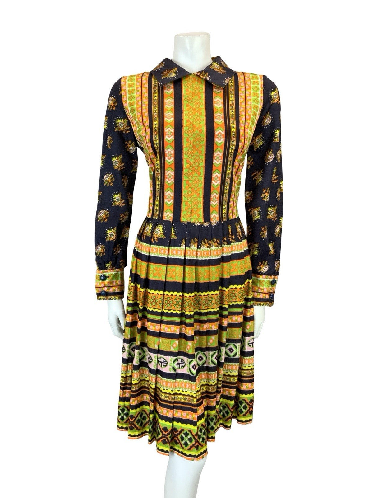 VTG 60S 70S BLUE YELLOW ORANGE STRIPE FLORAL AZTEC PLEATED SHIRT DRESS 12