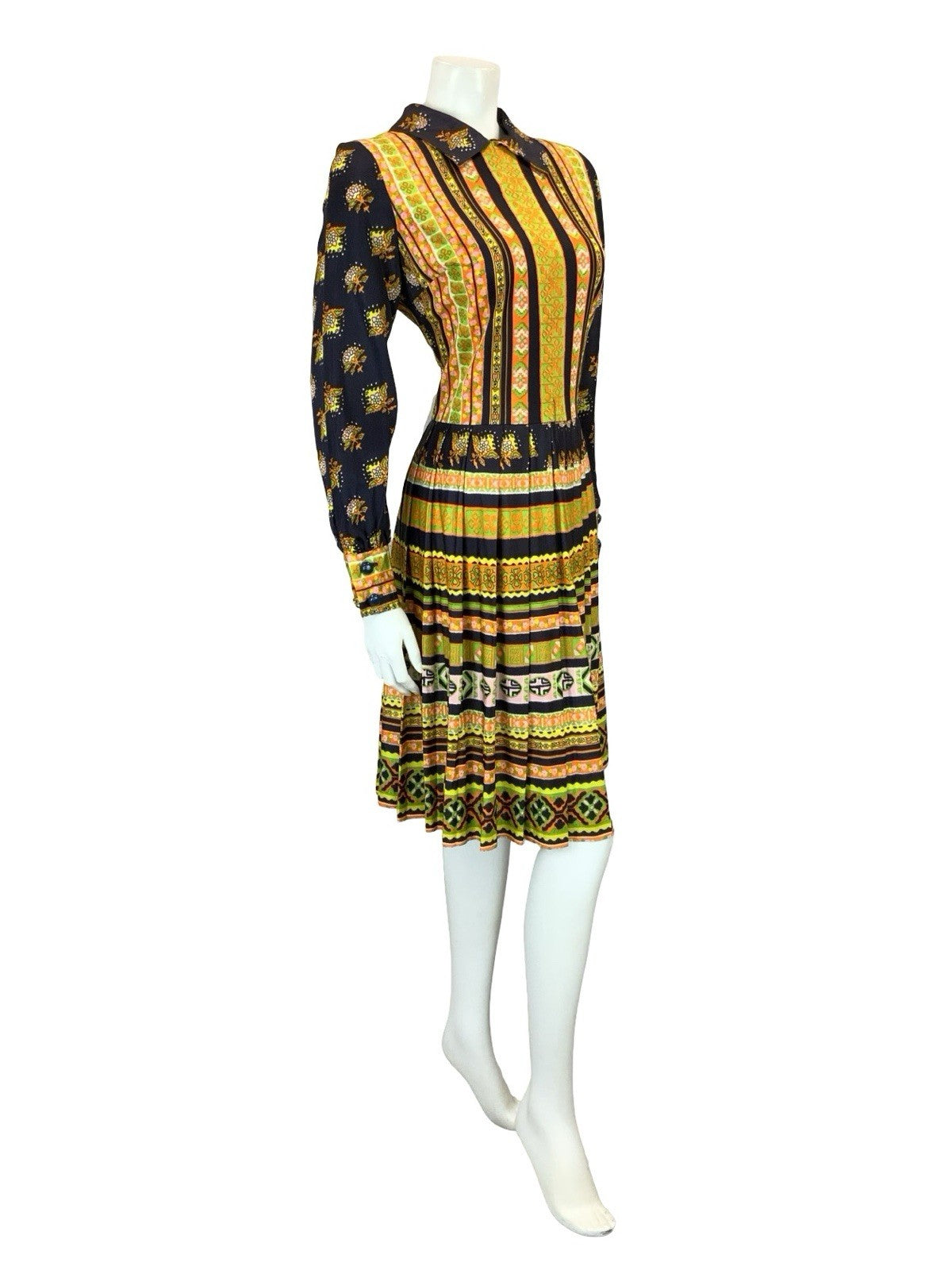 VTG 60S 70S BLUE YELLOW ORANGE STRIPE FLORAL AZTEC PLEATED SHIRT DRESS 12