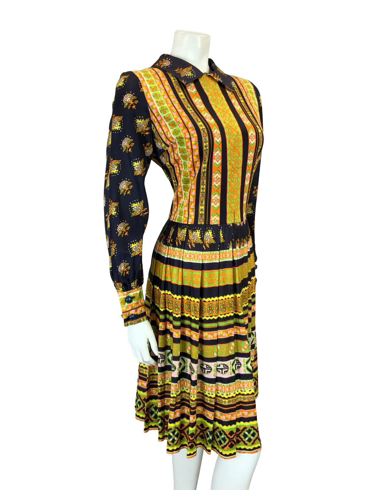 VTG 60S 70S BLUE YELLOW ORANGE STRIPE FLORAL AZTEC PLEATED SHIRT DRESS 12