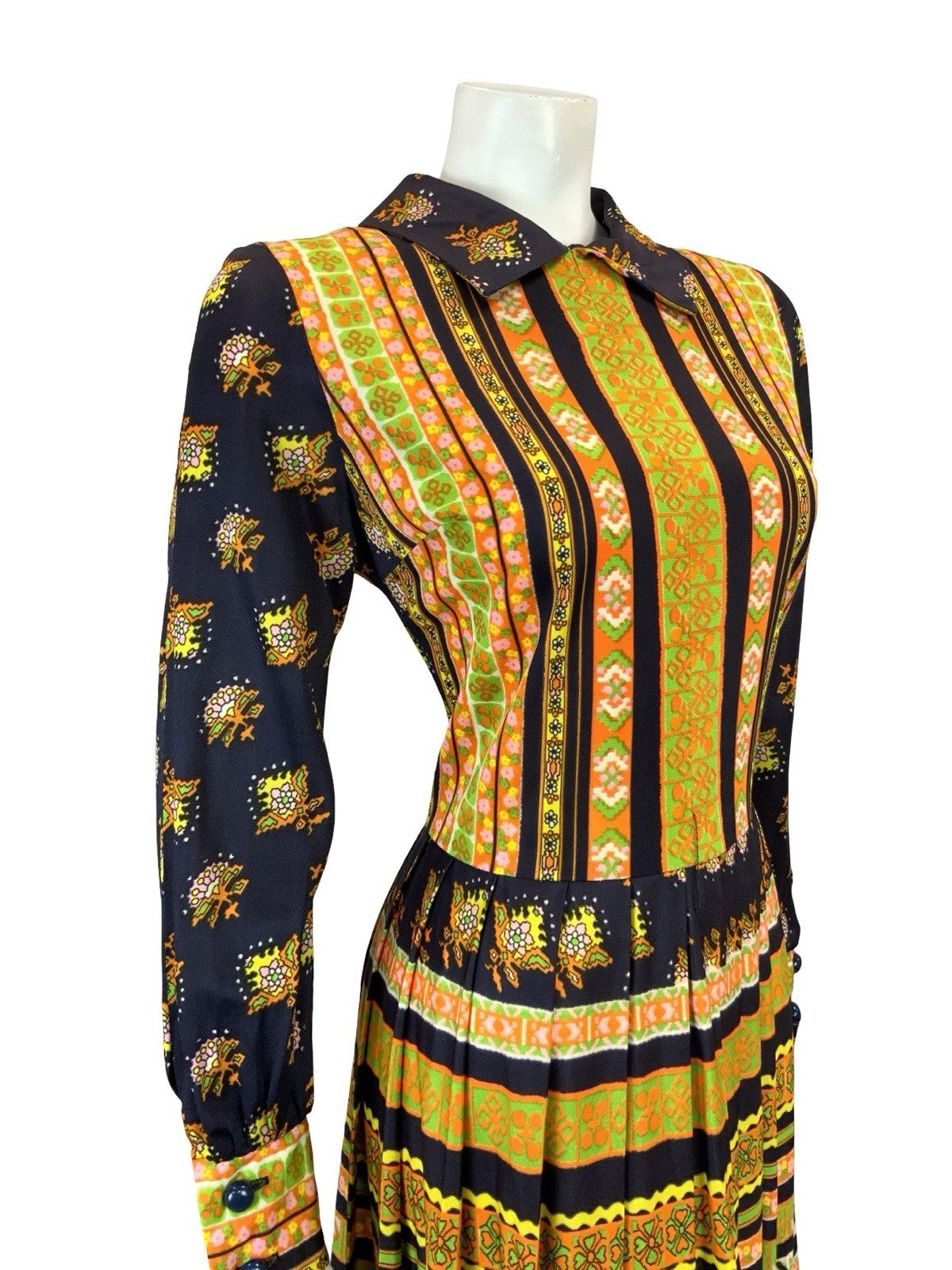 VTG 60S 70S BLUE YELLOW ORANGE STRIPE FLORAL AZTEC PLEATED SHIRT DRESS 12