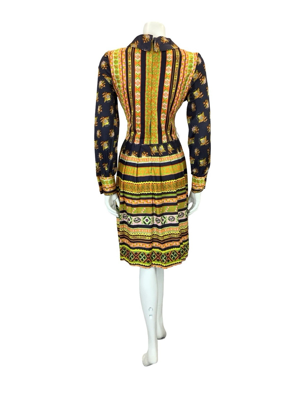 VTG 60S 70S BLUE YELLOW ORANGE STRIPE FLORAL AZTEC PLEATED SHIRT DRESS 12