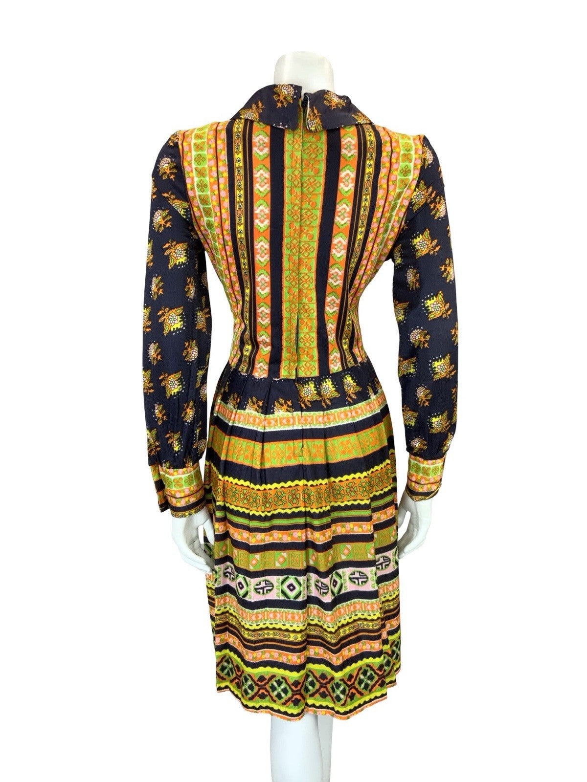 VTG 60S 70S BLUE YELLOW ORANGE STRIPE FLORAL AZTEC PLEATED SHIRT DRESS 12