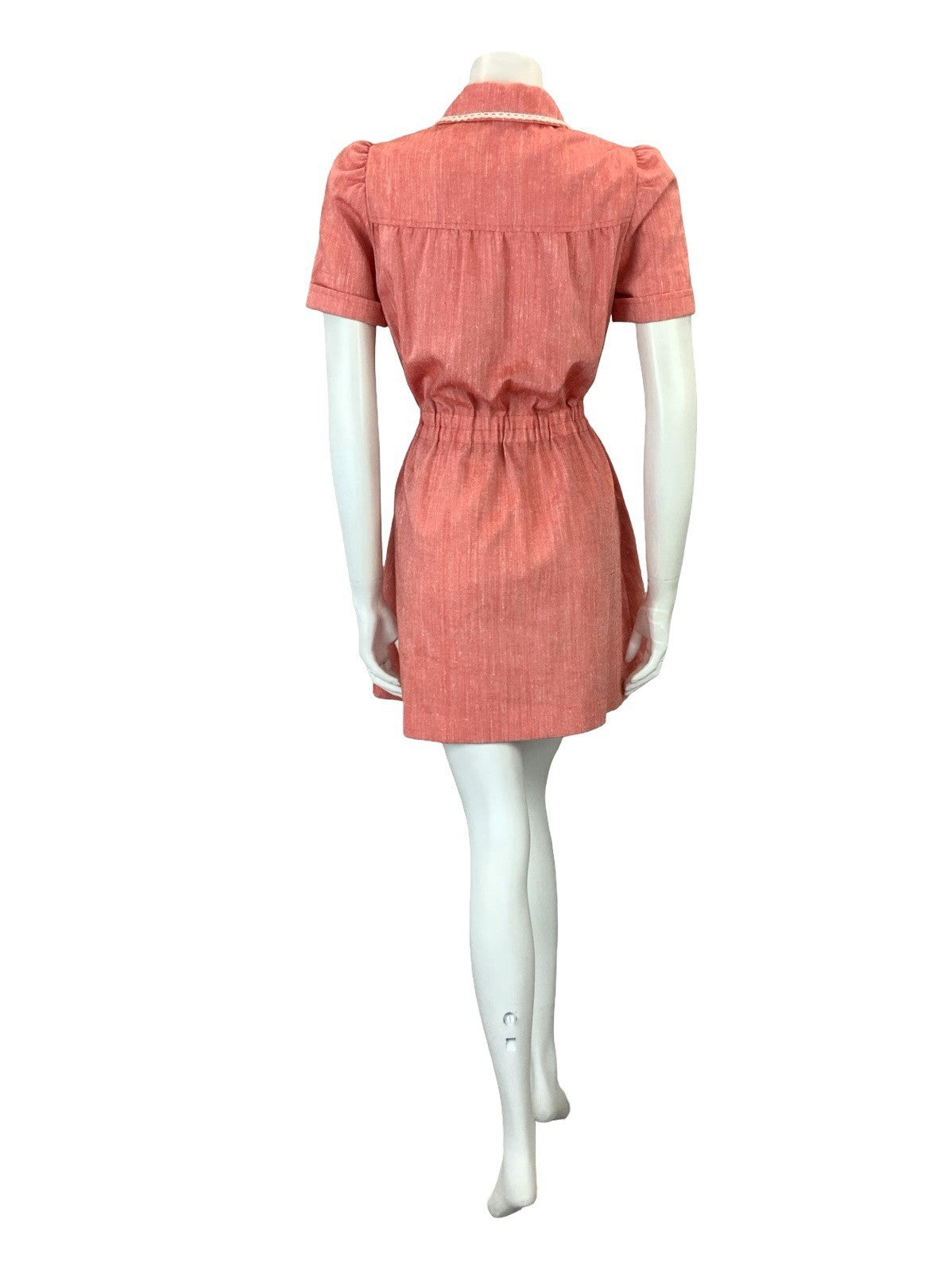 VTG 60S 70S RED WHITE BLACK EMBROIDERED COTTAGE TIE WAIST MINI SHIRT DRESS 10